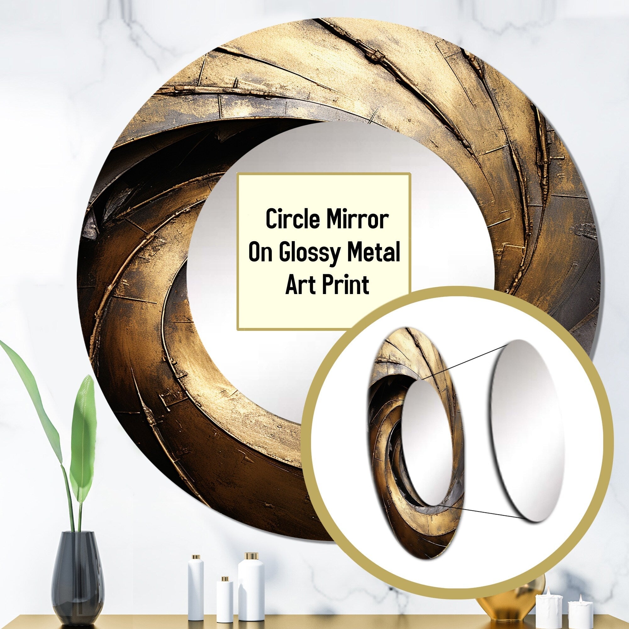 Miroir de salon Designart doré et noir, intemporel et abstrait, spirales - Grand miroir rond moderne doré