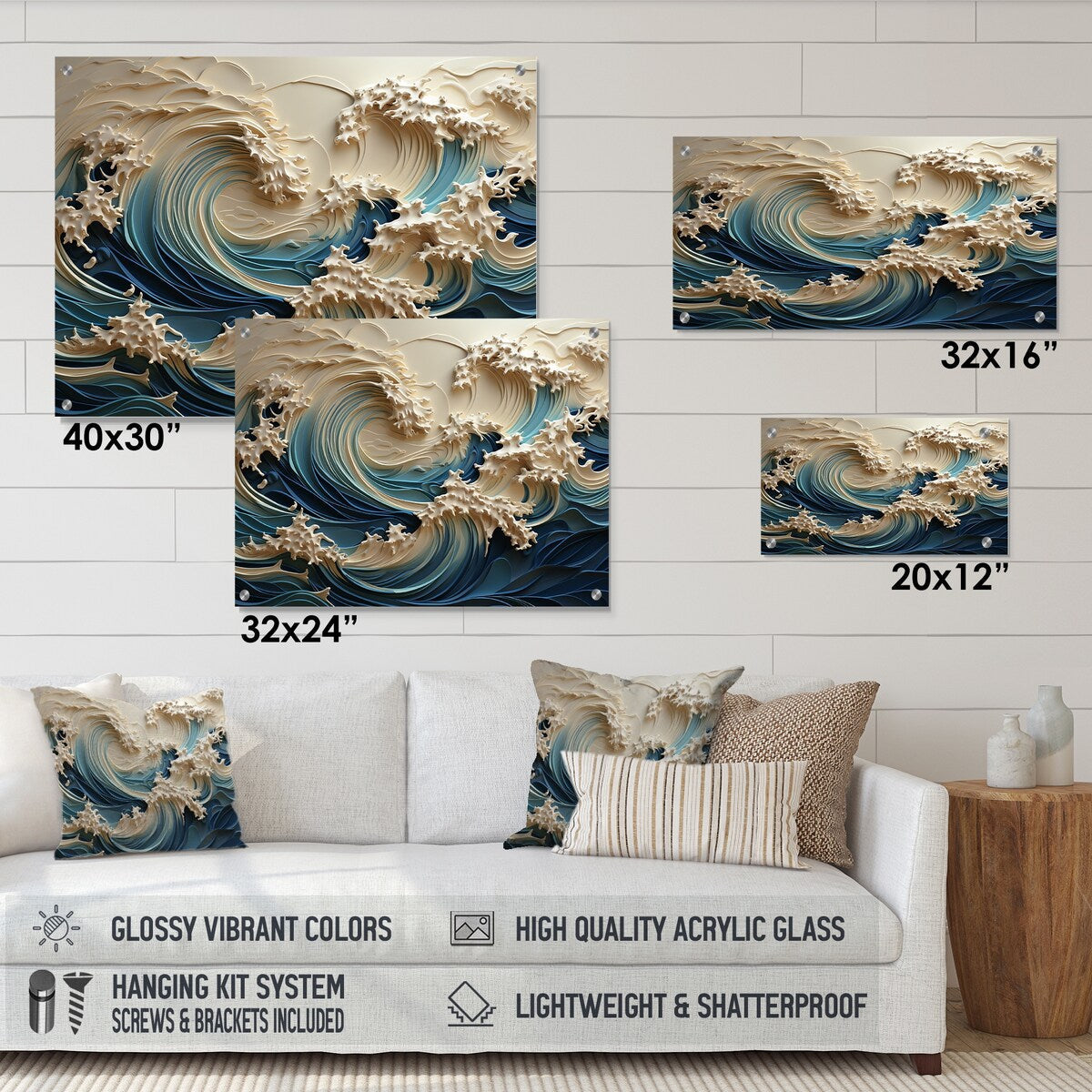 Décoration murale brillante en acrylique Motif vagues côtières, style III, motif vagues blanches et bleues, pour chambre à coucher