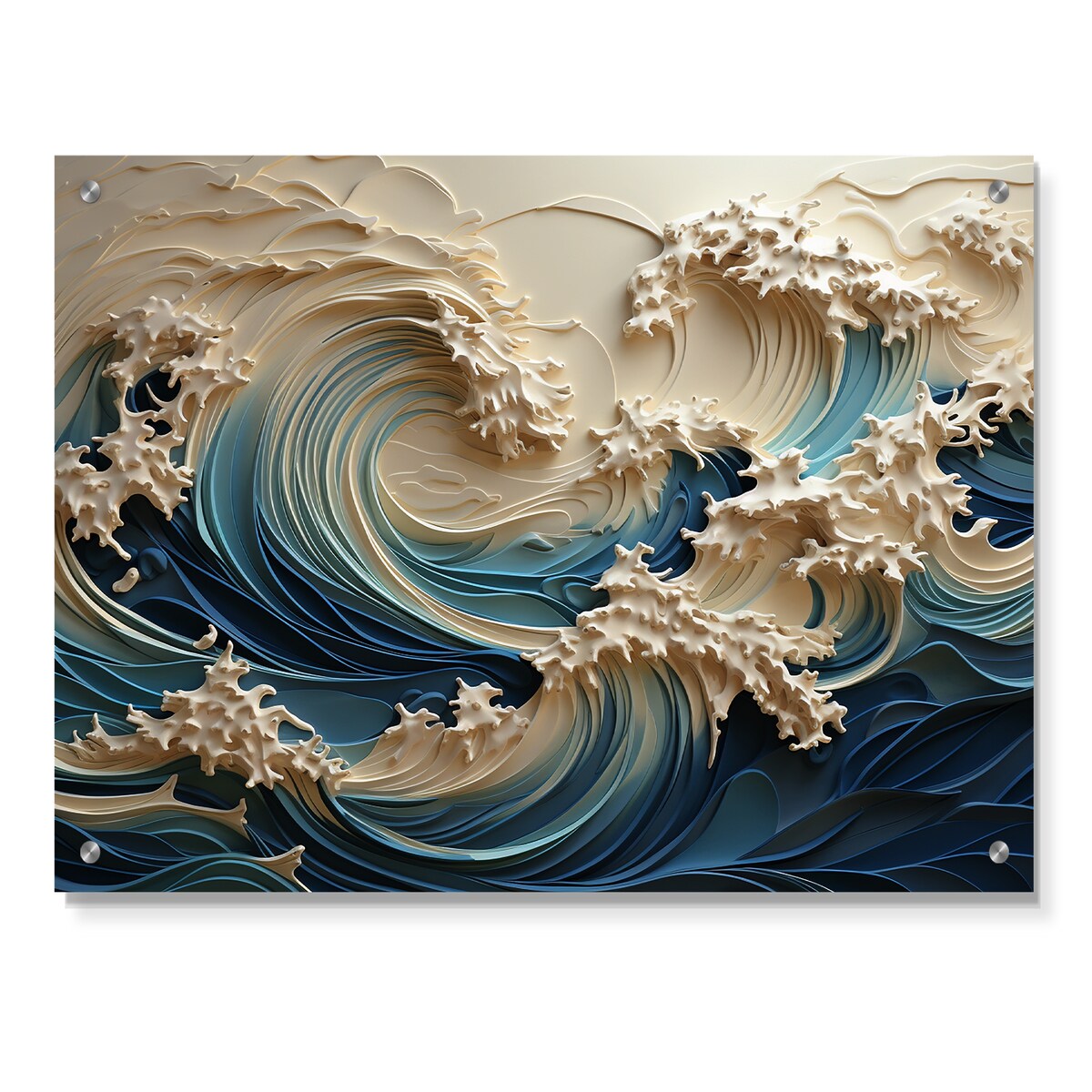 Décoration murale brillante en acrylique Motif vagues côtières, style III, motif vagues blanches et bleues, pour chambre à coucher