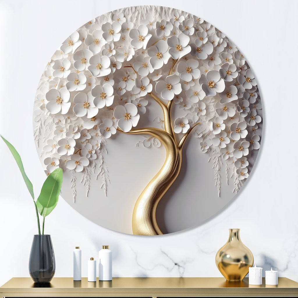 Impression murale ronde en métal Motif orchidée blanche, jardin de branches, arbre floral VIII
