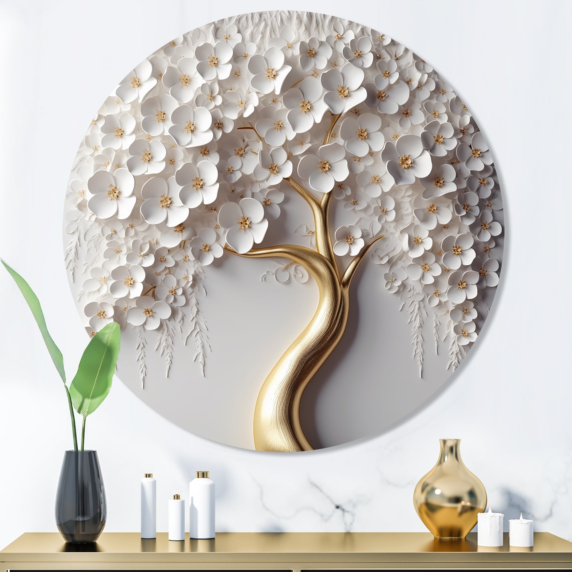Impression murale ronde en métal Motif orchidée blanche, jardin de branches, arbre floral VIII