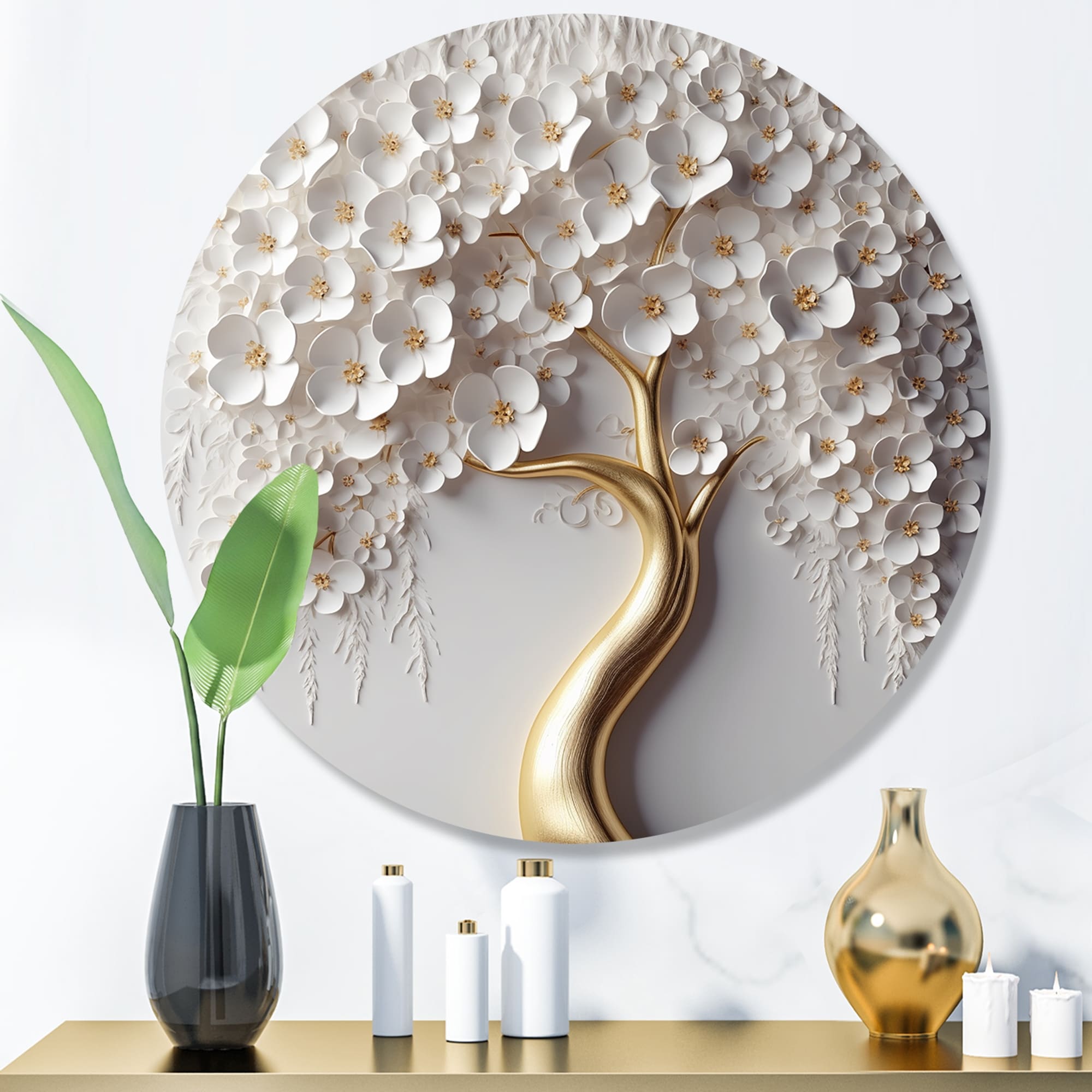 Impression murale ronde en métal Motif orchidée blanche, jardin de branches, arbre floral VIII