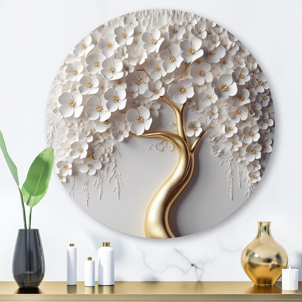 Impression murale ronde en métal Motif orchidée blanche, jardin de branches, arbre floral VIII