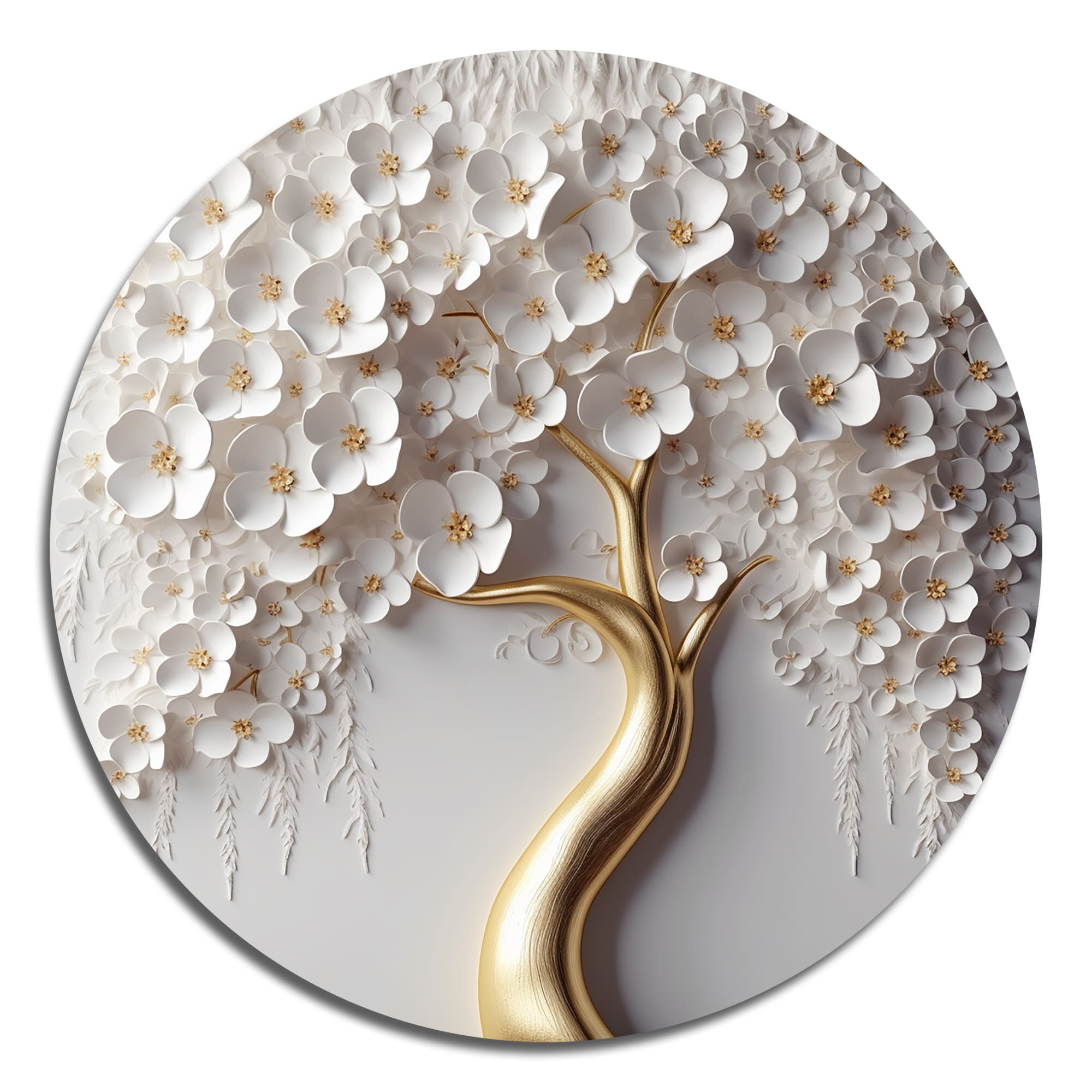 Impression murale ronde en métal Motif orchidée blanche, jardin de branches, arbre floral VIII
