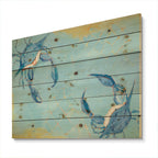 Impression nautique et côtière Designart « Blue Coastal Crab Battle » sur bois de pin naturel - Bleu