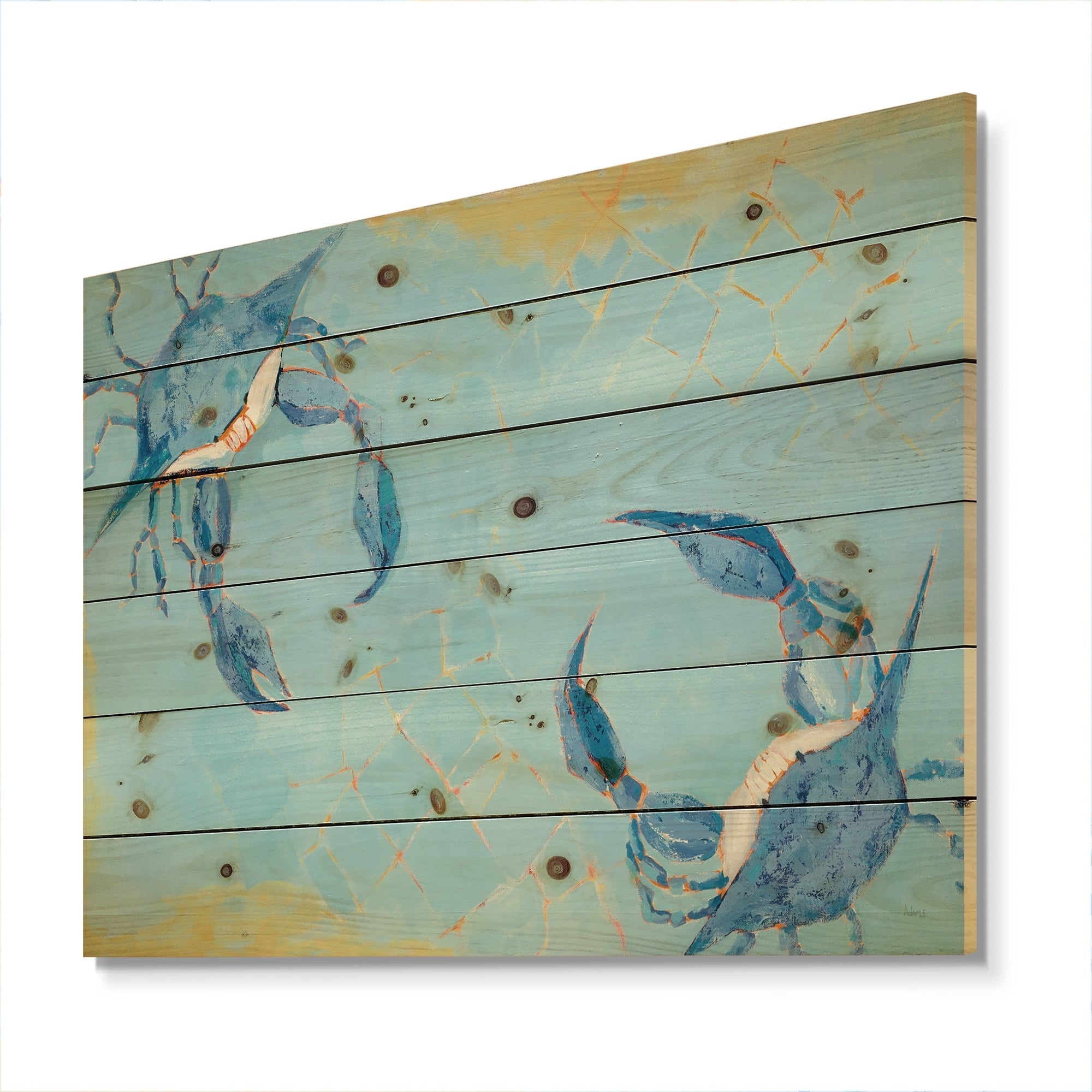 Impression nautique et côtière Designart « Blue Coastal Crab Battle » sur bois de pin naturel - Bleu