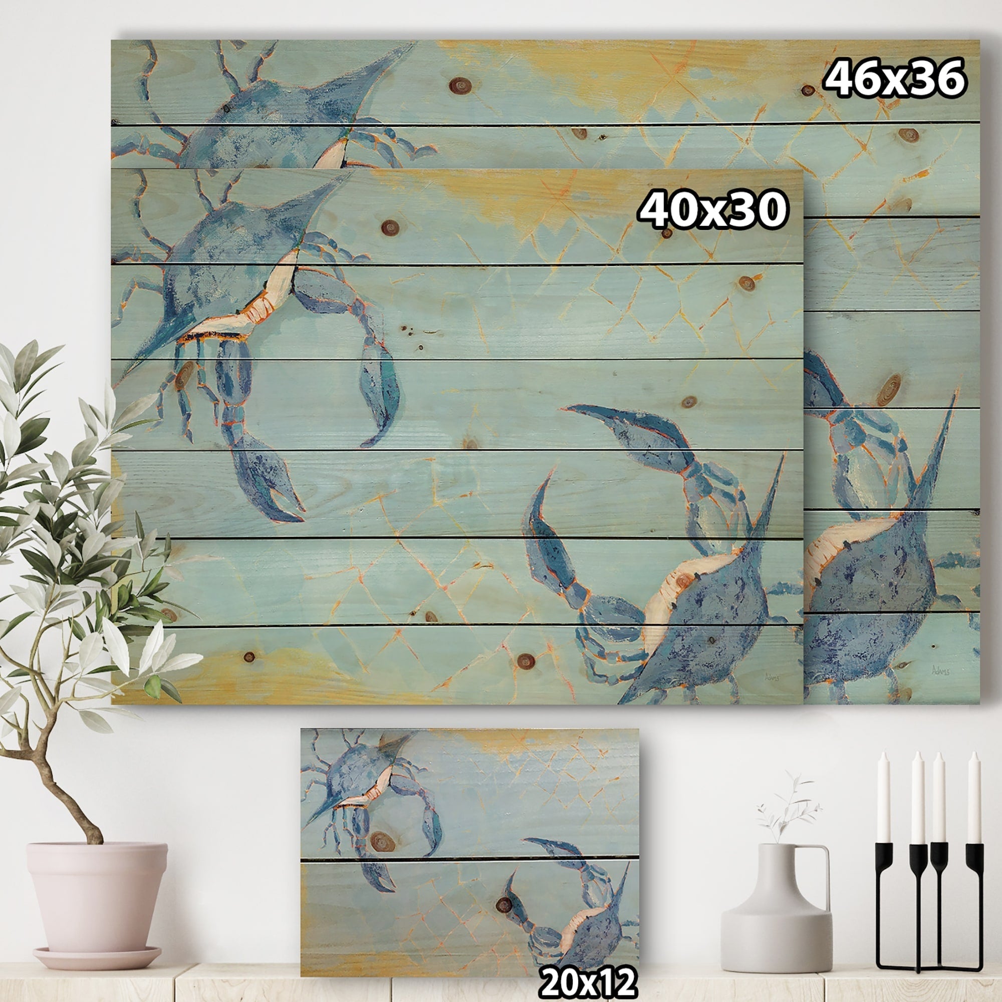 Impression nautique et côtière Designart « Blue Coastal Crab Battle » sur bois de pin naturel - Bleu