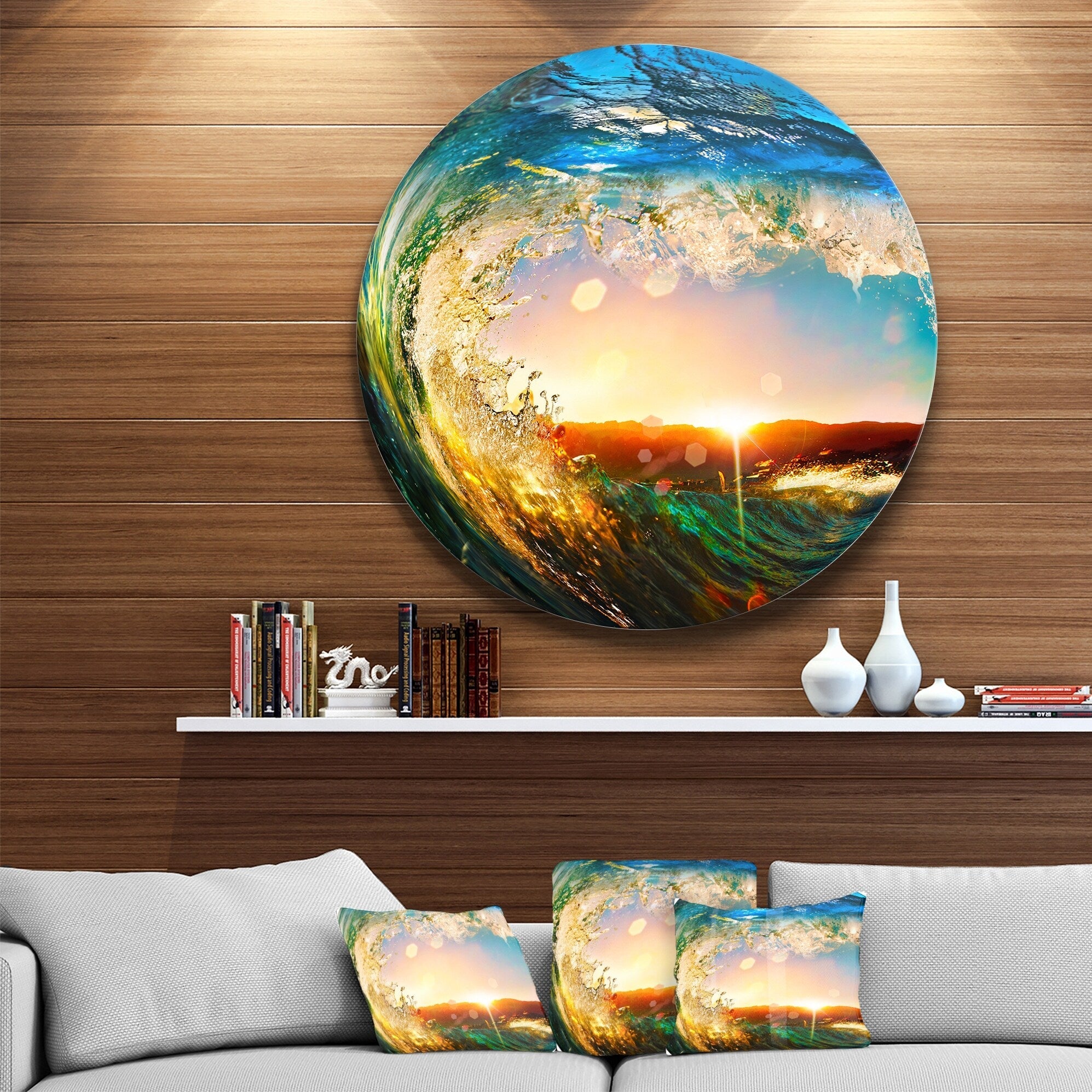 Designart « Vagues océaniques colorées tombant » Décoration murale moderne en métal avec disque de bord de mer