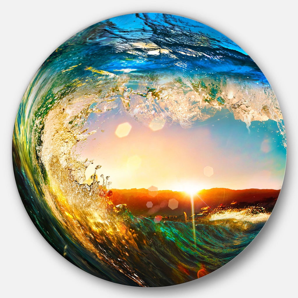Designart « Vagues océaniques colorées tombant » Décoration murale moderne en métal avec disque de bord de mer