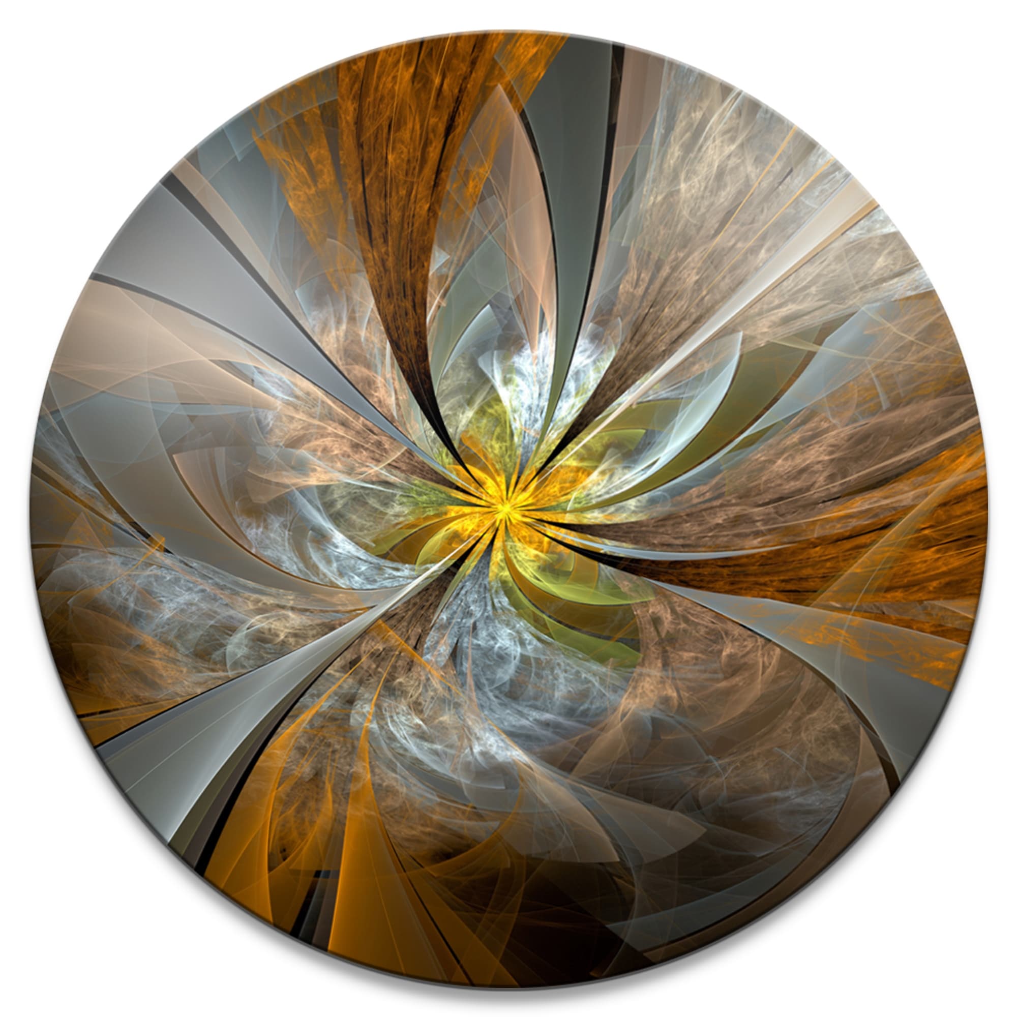 Designart « Fleur fractale jaune symétrique » Art numérique Cercle Métal Œuvre d'art