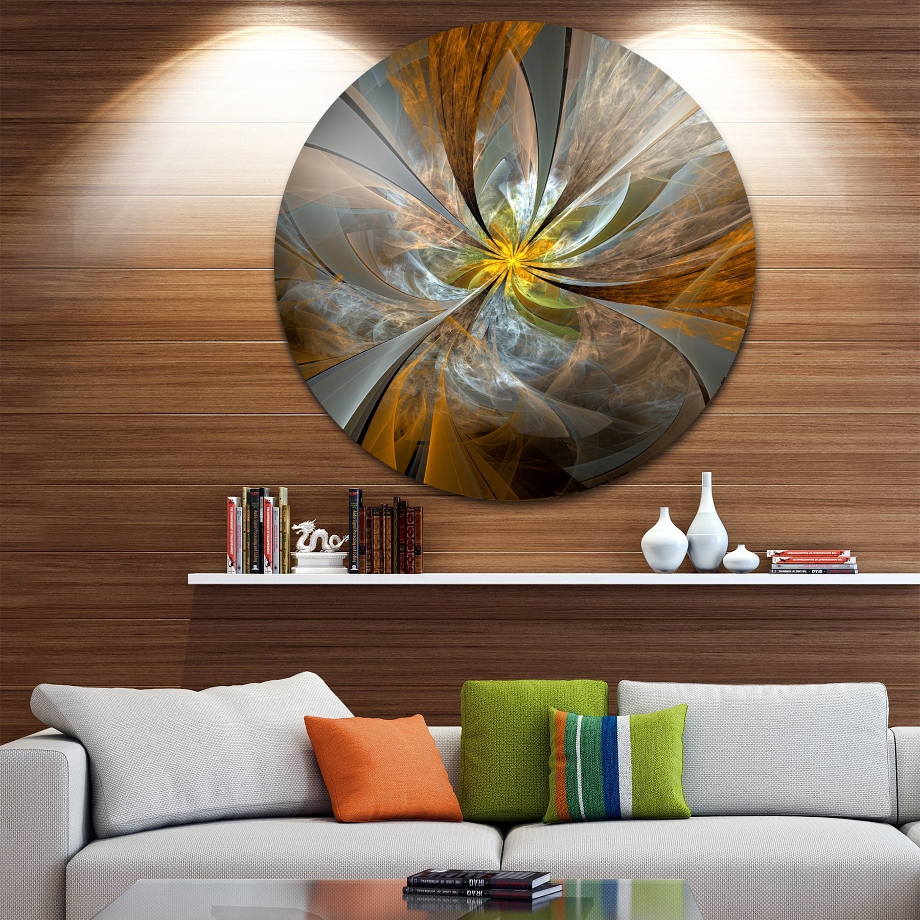 Designart « Fleur fractale jaune symétrique » Art numérique Cercle Métal Œuvre d'art