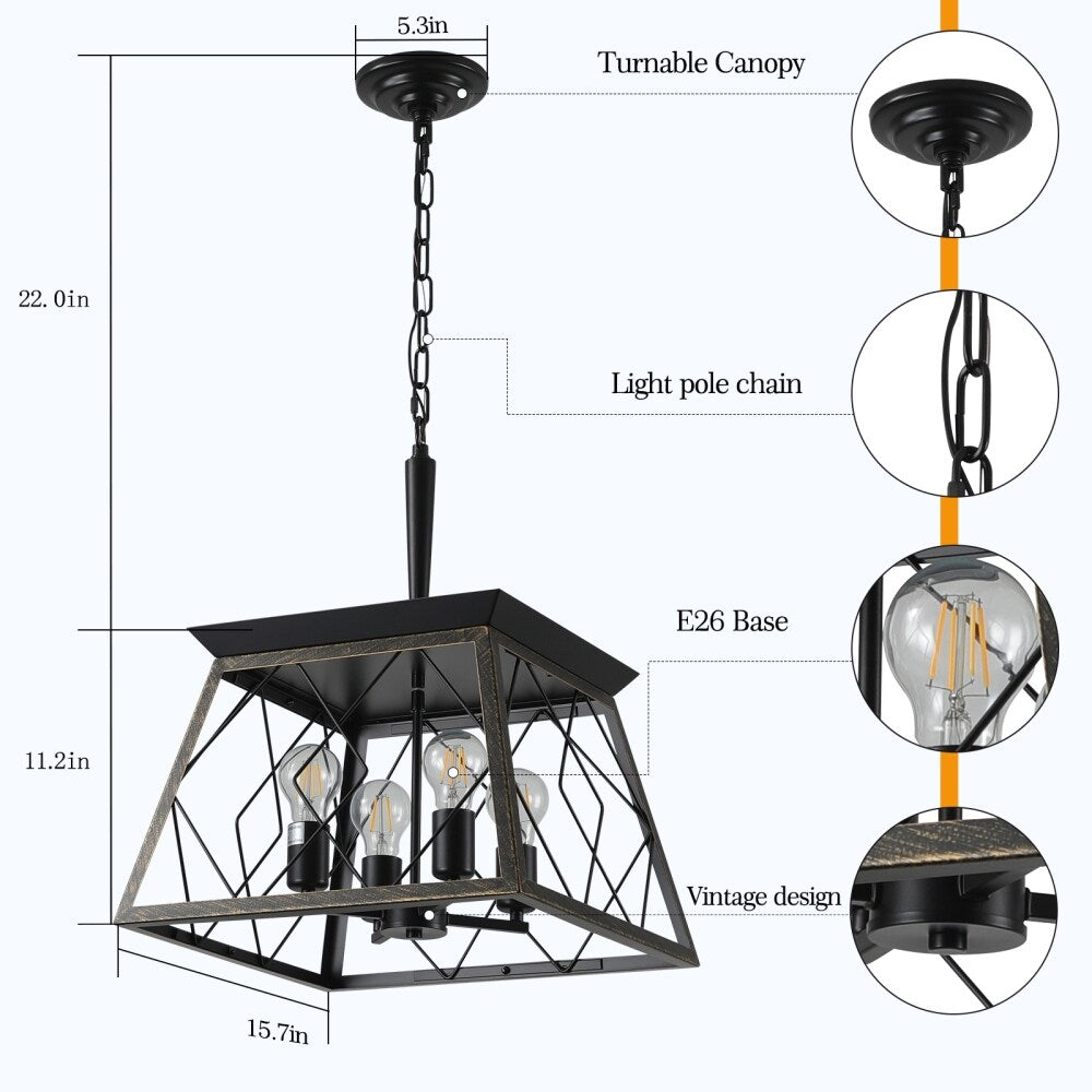 Lustre de style ferme à 4 lumières à intensité variable pour salle à manger, sans ampoule