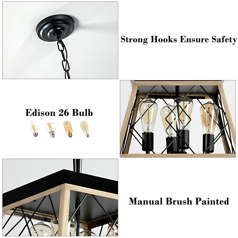 Lustre de style ferme à 4 lumières à intensité variable pour salle à manger, sans ampoule