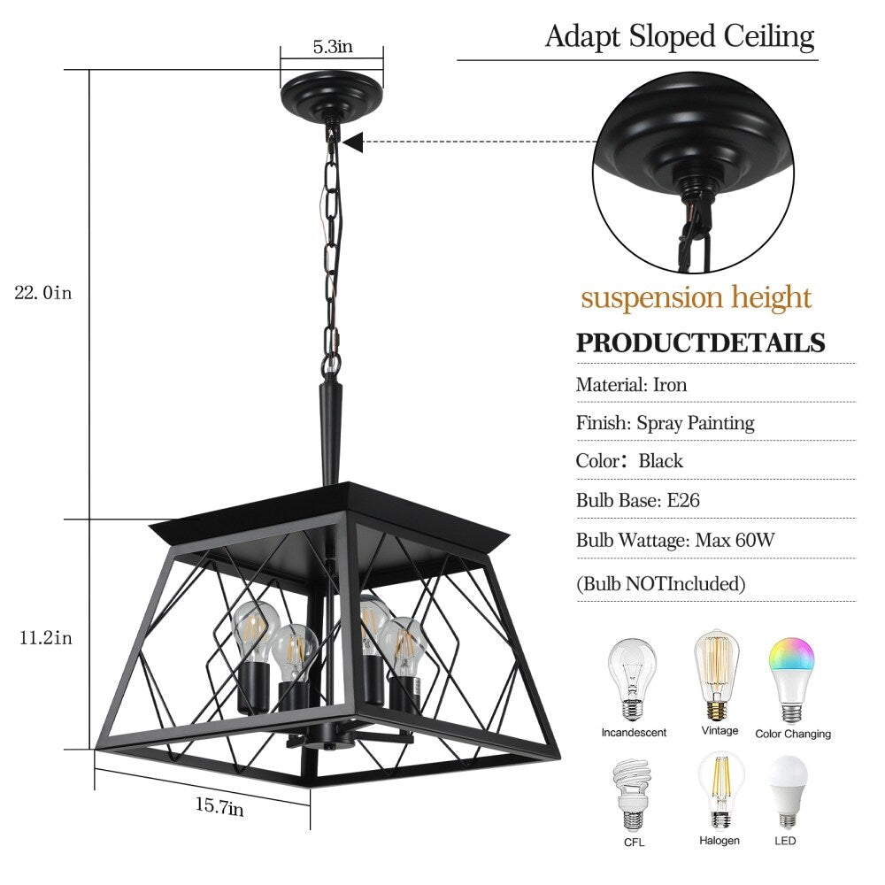 Lustre de style ferme à 4 lumières à intensité variable pour salle à manger, sans ampoule