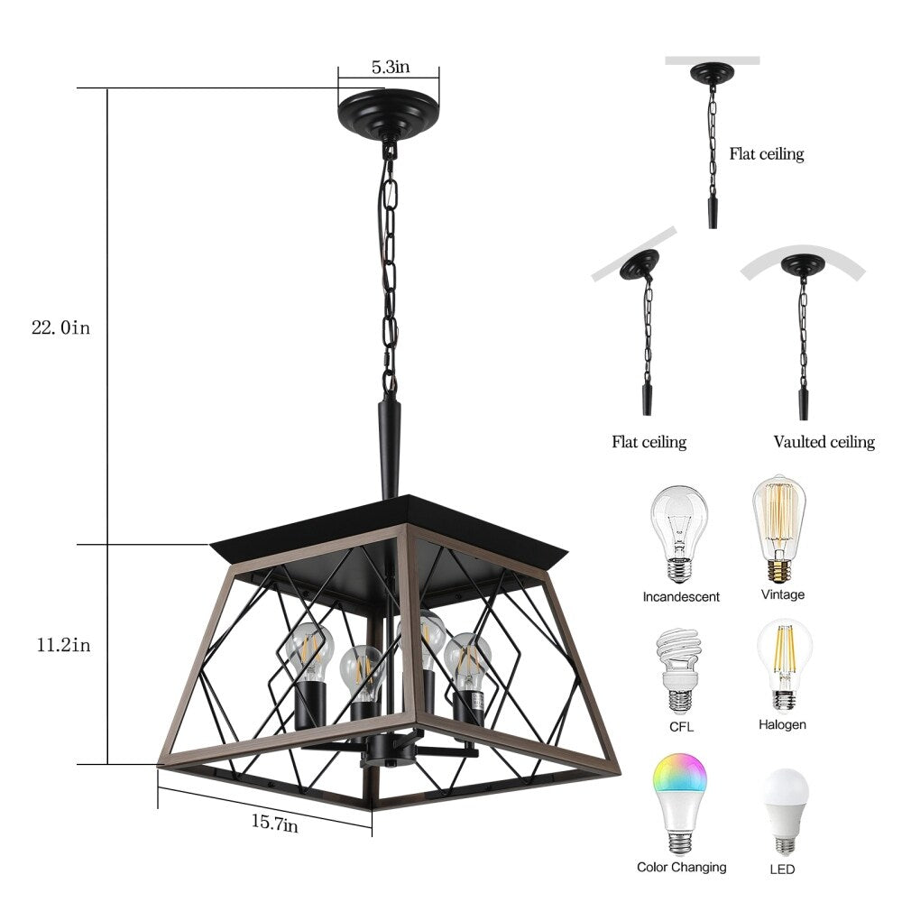 Lustre de style ferme à 4 lumières à intensité variable pour salle à manger, sans ampoule