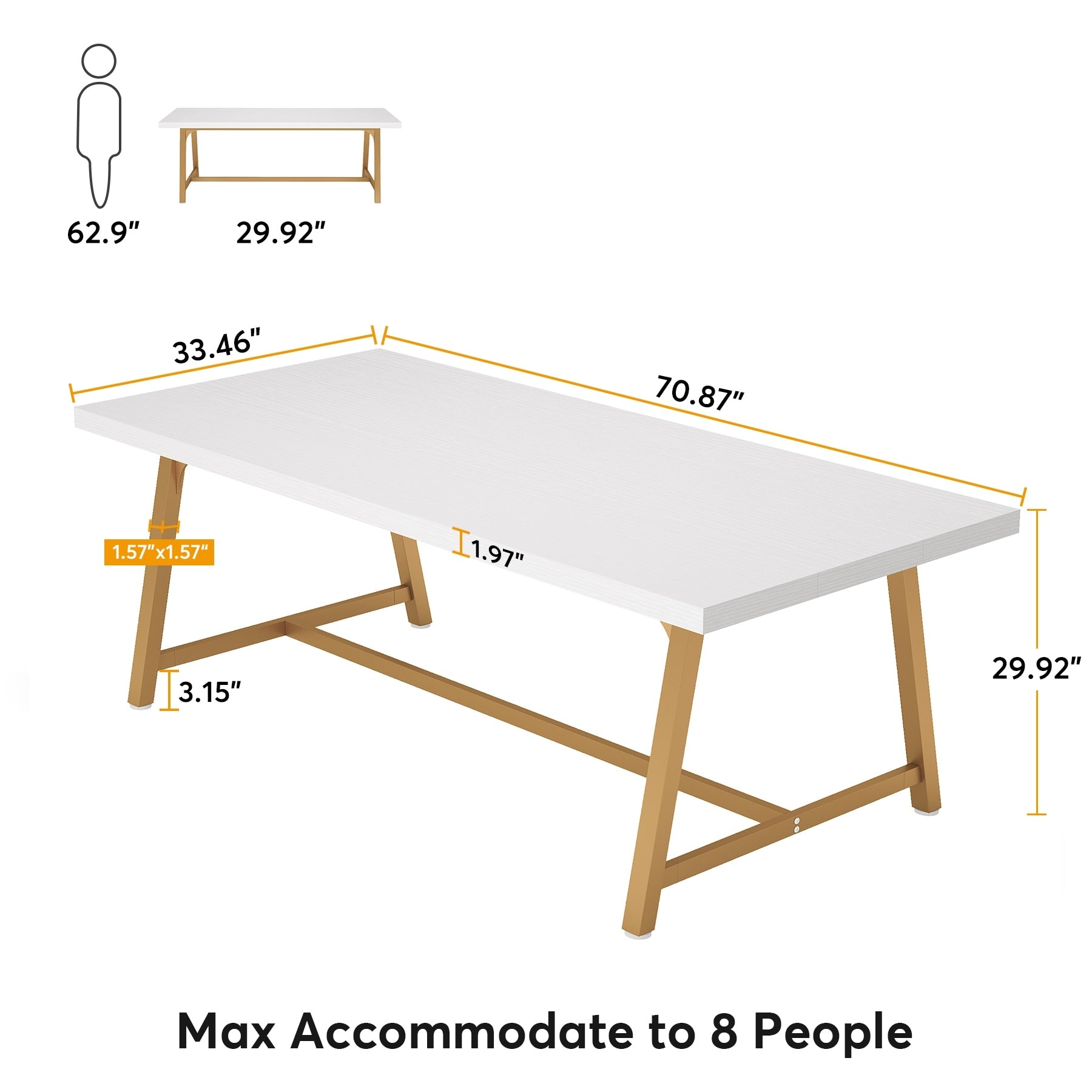 Table à manger rectangulaire en bois pour 8 personnes, 180 cm