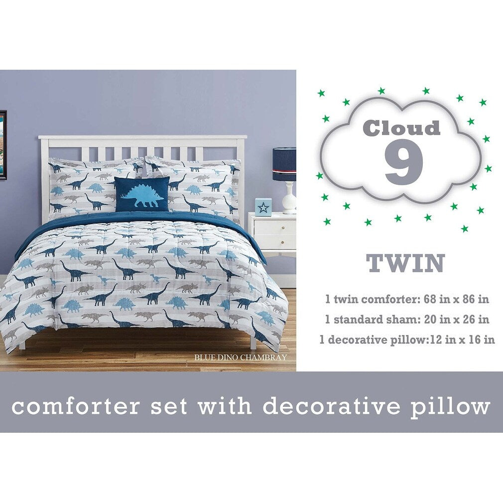 Parure de lit en microfibre douce à motif dinosaure Chambray bleu marine/bleu/gris