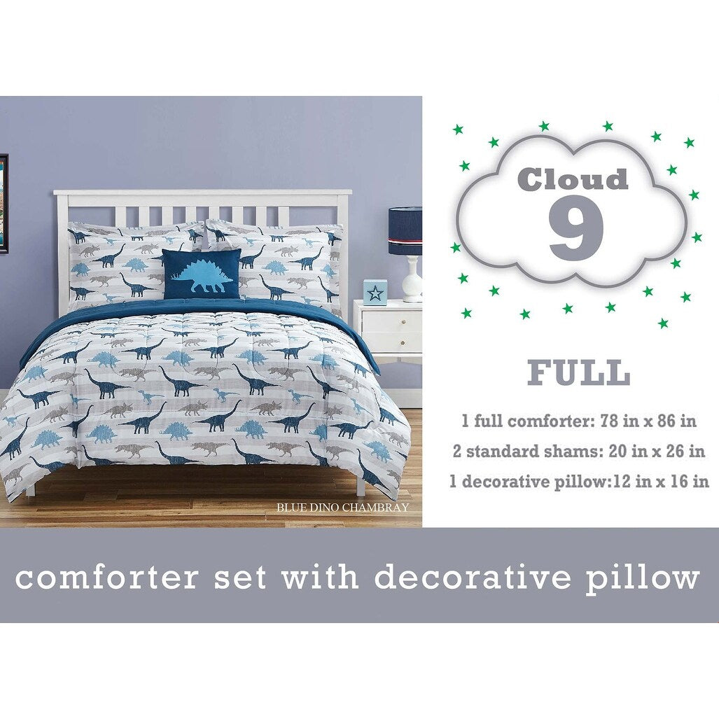 Parure de lit en microfibre douce à motif dinosaure Chambray bleu marine/bleu/gris