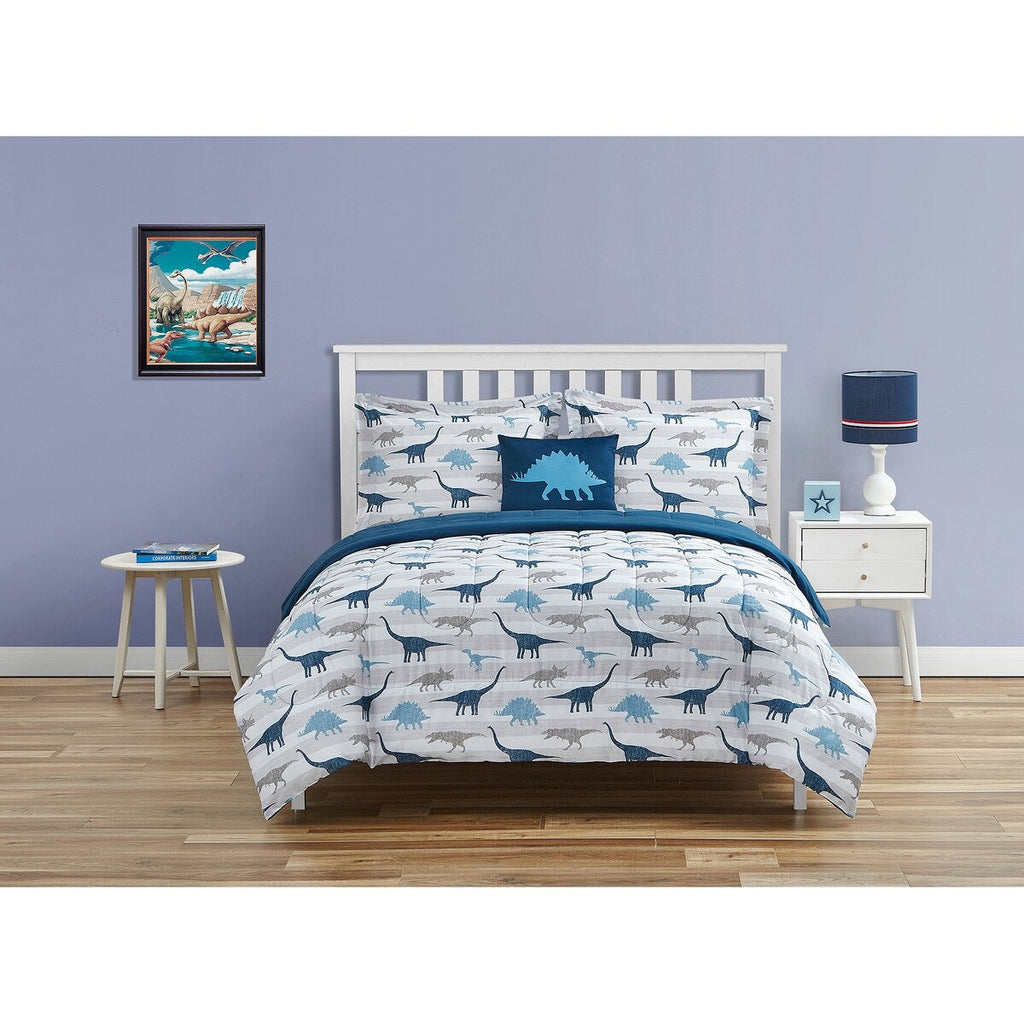 Parure de lit en microfibre douce à motif dinosaure Chambray bleu marine/bleu/gris