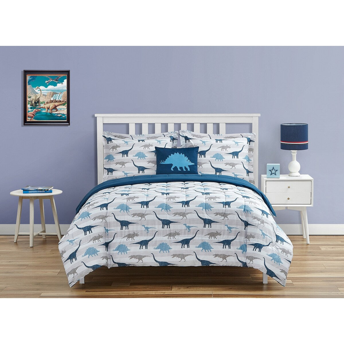 Parure de lit en microfibre douce à motif dinosaure Chambray bleu marine/bleu/gris