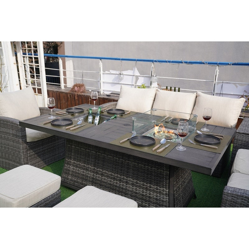 Ensemble de canapés de patio 7 pièces avec foyer et table à manger avec bac à glaçons