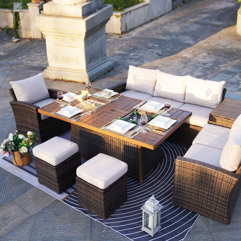Ensemble de canapés de patio 7 pièces avec foyer et table à manger avec bac à glaçons
