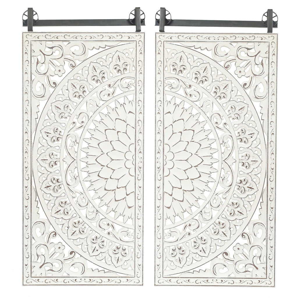 Décoration murale en bois blanc ivoire vieilli avec des touches de noir (lot de 2)