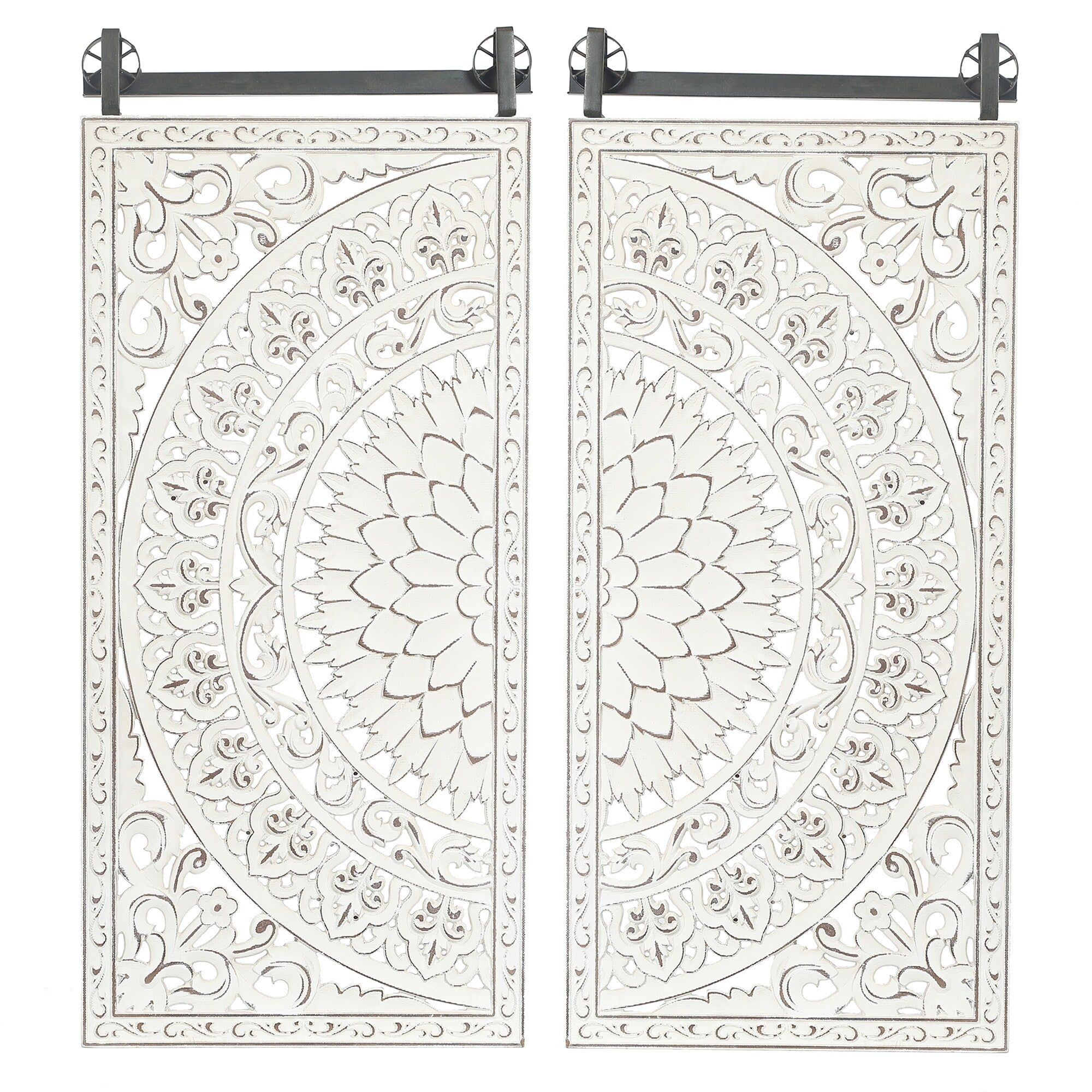 Décoration murale en bois blanc ivoire vieilli avec des touches de noir (lot de 2)