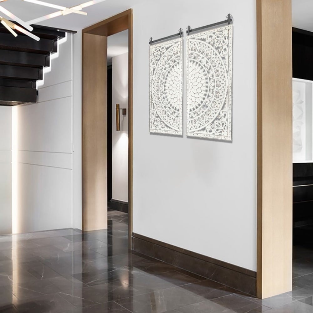 Décoration murale en bois blanc ivoire vieilli avec des touches de noir (lot de 2)
