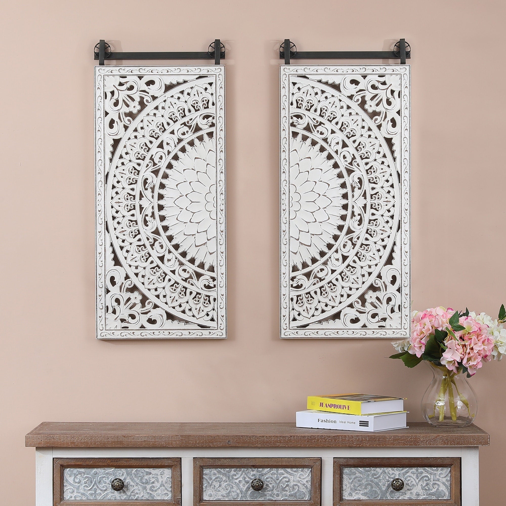 Décoration murale en bois blanc ivoire vieilli avec des touches de noir (lot de 2)