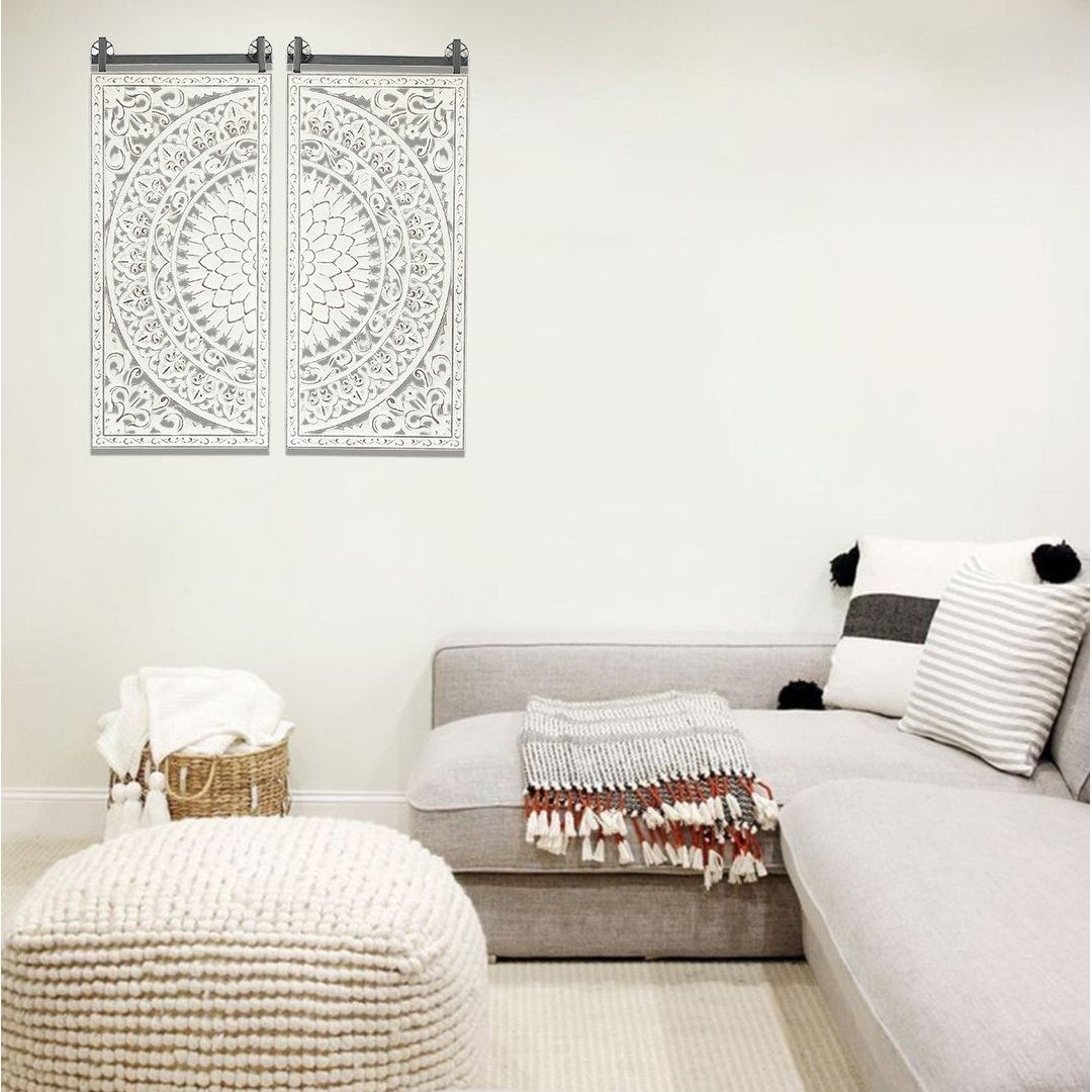 Décoration murale en bois blanc ivoire vieilli avec des touches de noir (lot de 2)