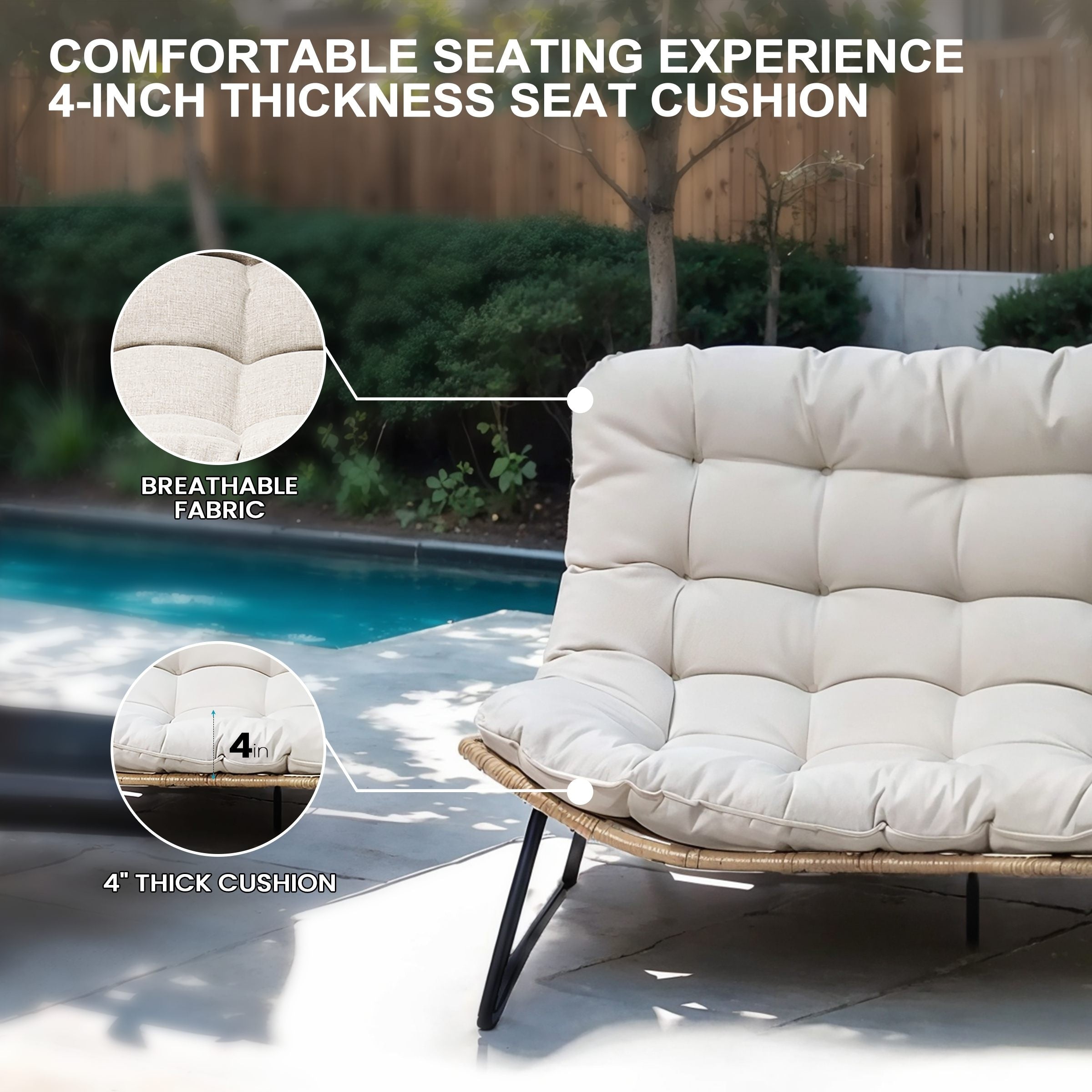 Fauteuil Papasan double avec coussin, rotin synthétique toutes saisons et cadre en métal pour intérieur et extérieur