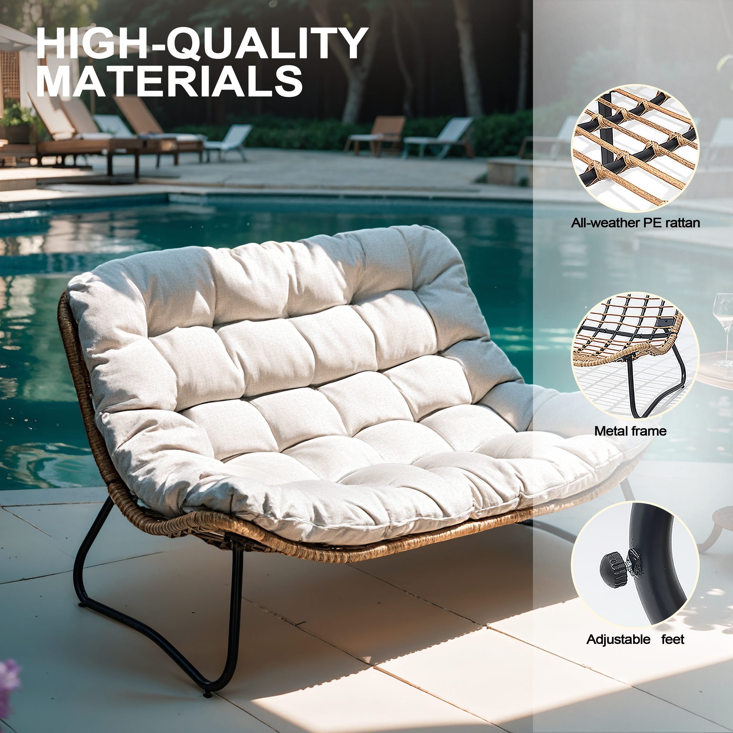 Fauteuil Papasan double avec coussin, rotin synthétique toutes saisons et cadre en métal pour intérieur et extérieur