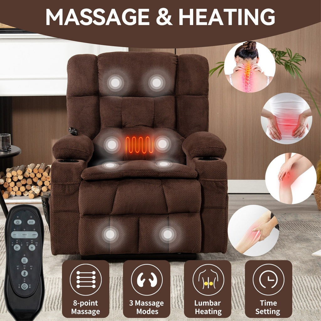 Fauteuil inclinable électrique à double moteur en chenille pour personnes âgées, canapé de salon Lazy Boy avec massage, chauffage et deux porte-gobelets