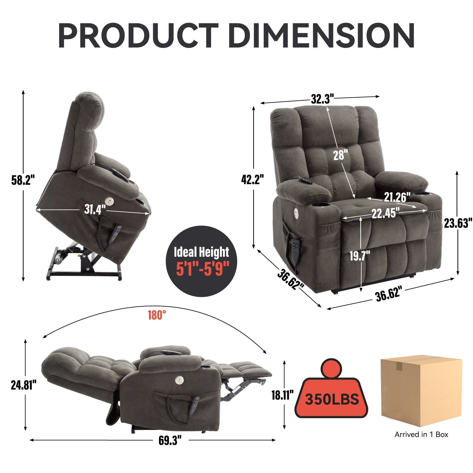 Fauteuil inclinable électrique à double moteur en chenille pour personnes âgées, canapé de salon Lazy Boy avec massage, chauffage et deux porte-gobelets