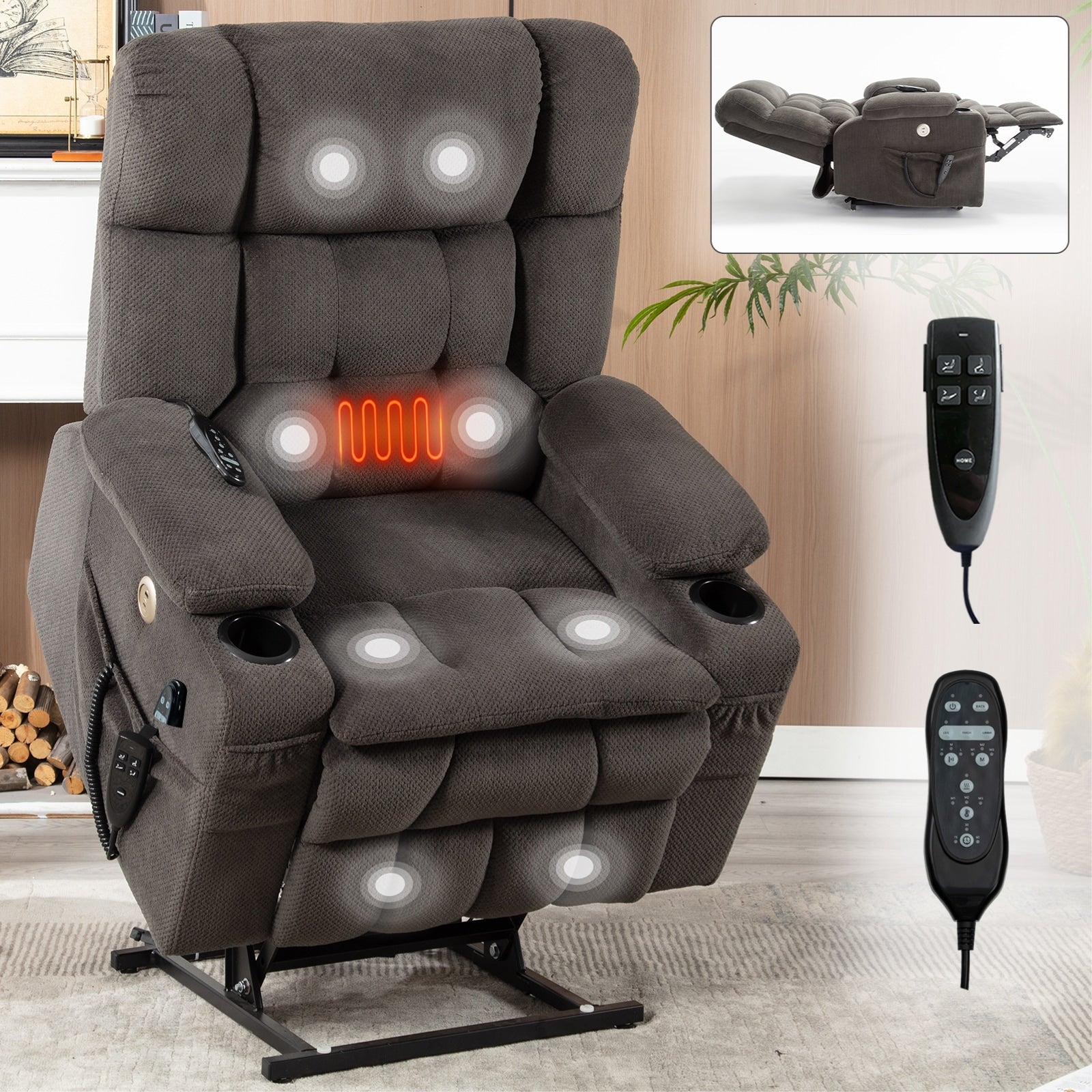 Fauteuil inclinable électrique à double moteur en chenille pour personnes âgées, canapé de salon Lazy Boy avec massage, chauffage et deux porte-gobelets