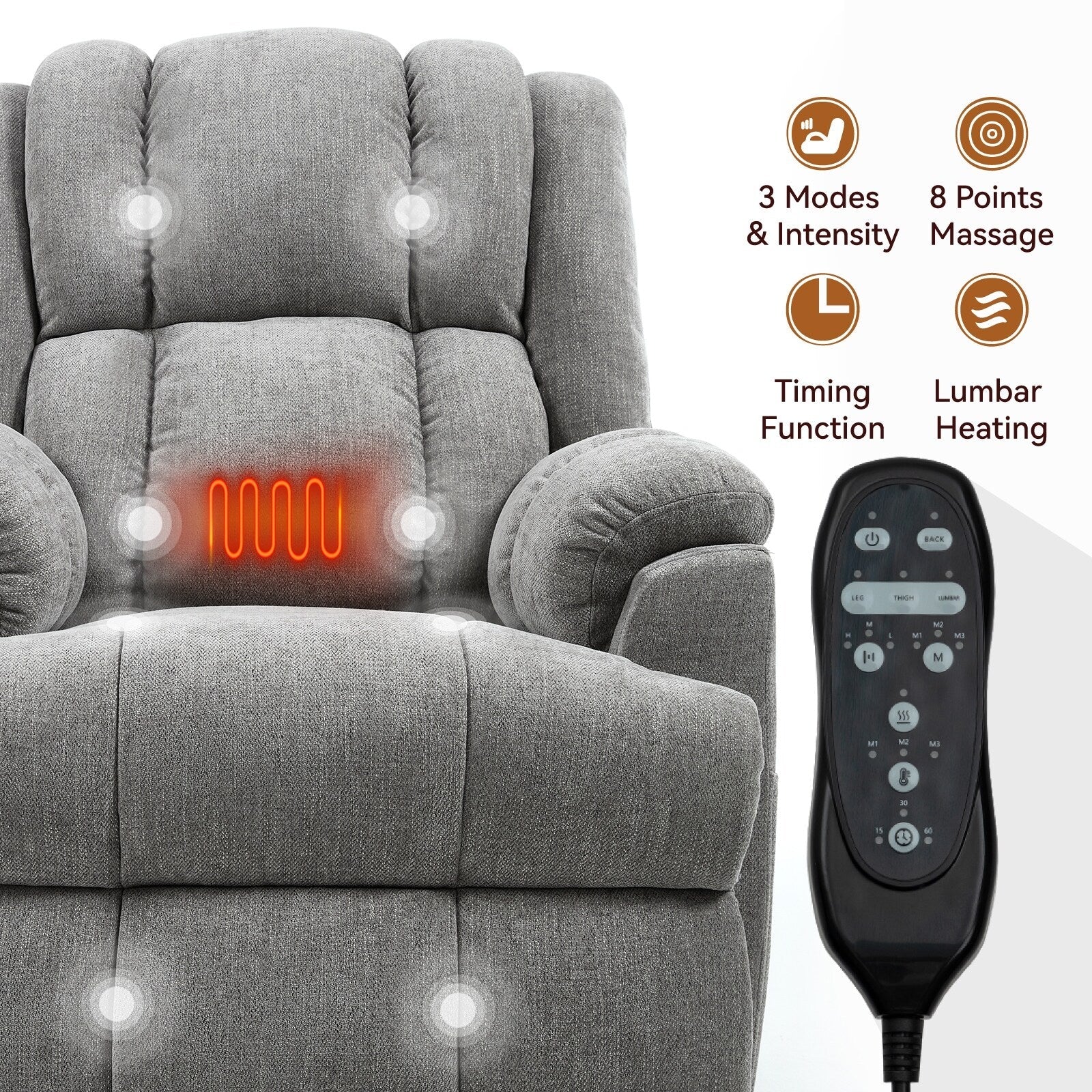Fauteuils inclinables électriques à double moteur, massage thermique, positions infinies, jusqu'à 350 lb, avec télécommande, fermeté moyenne