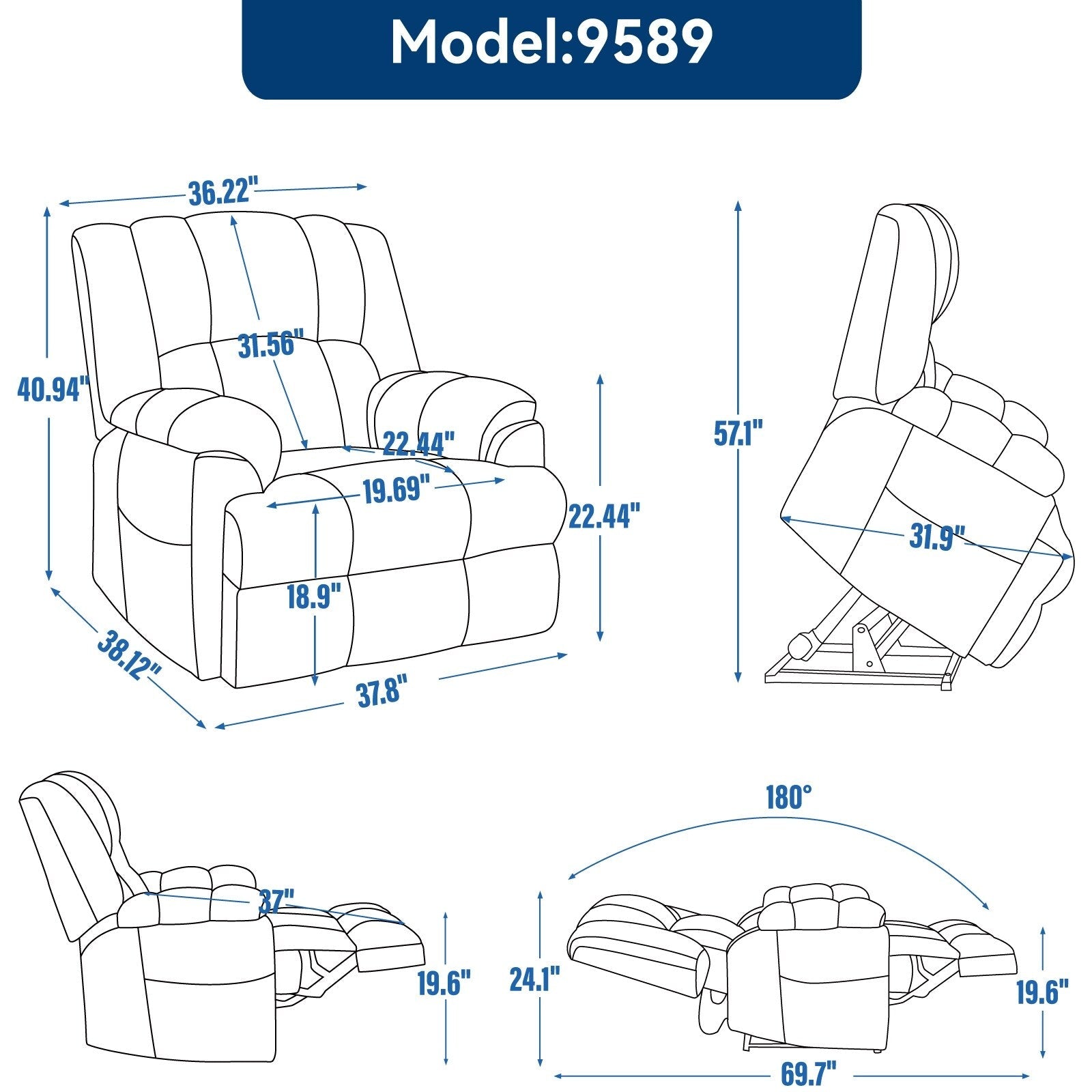 Fauteuils inclinables électriques à double moteur, massage thermique, positions infinies, jusqu'à 350 lb, avec télécommande, fermeté moyenne