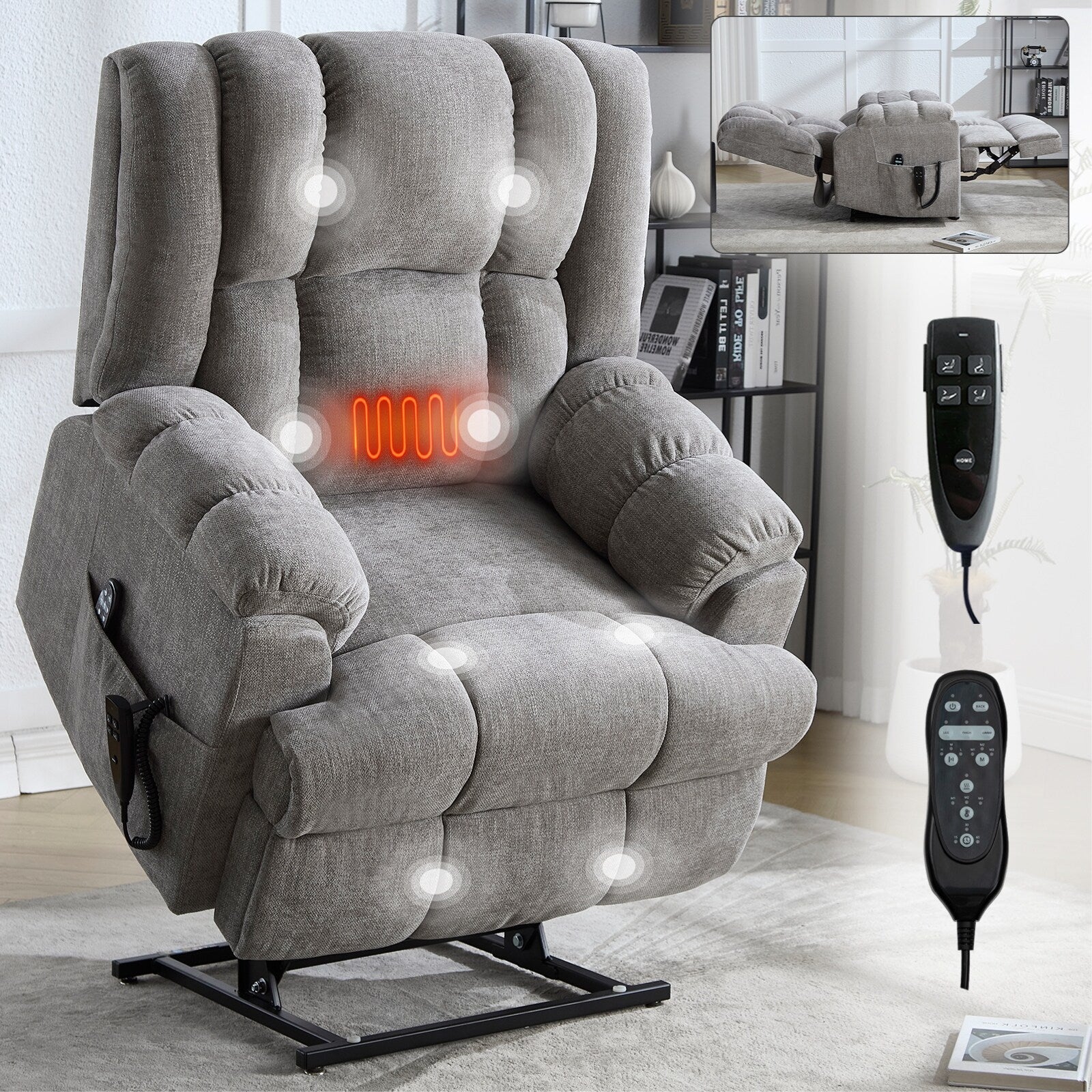 Fauteuils inclinables électriques à double moteur, massage thermique, position infinie, jusqu'à 350 lb, avec télécommande