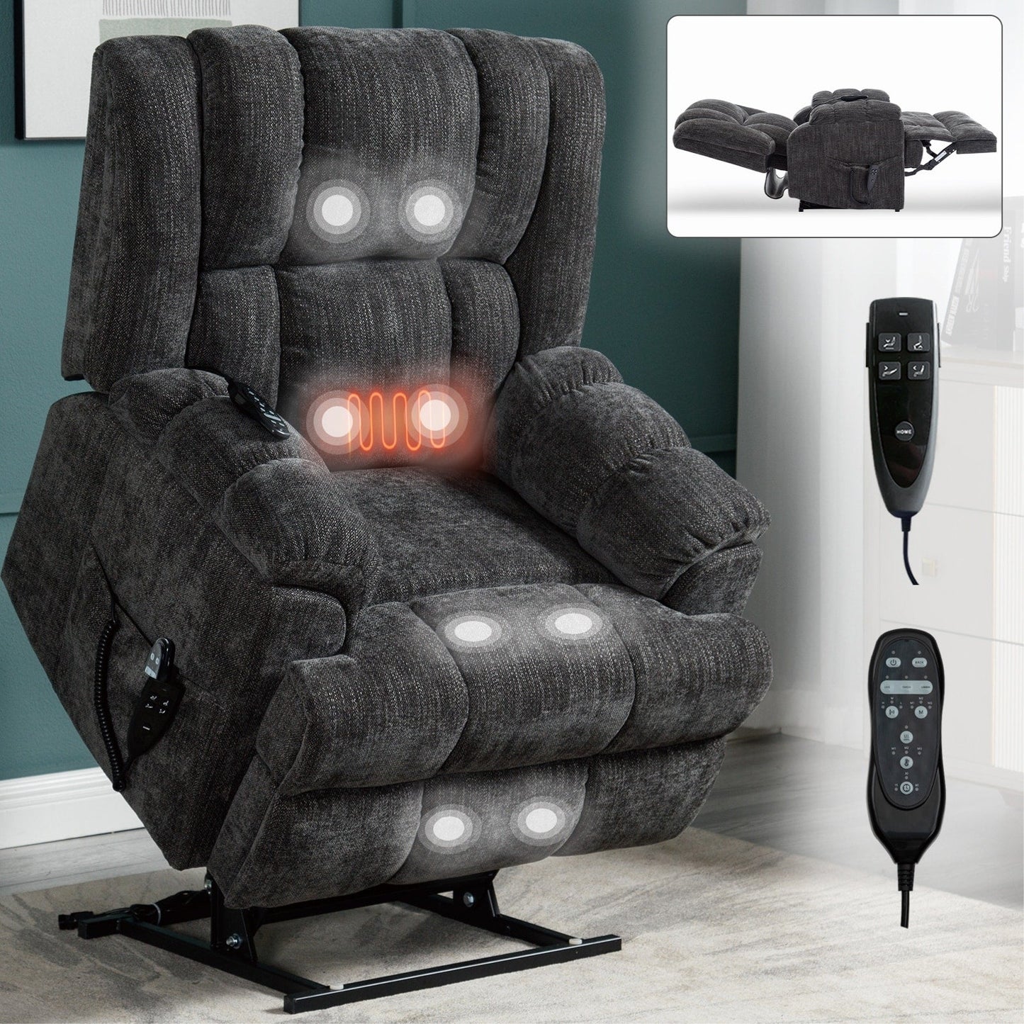 Fauteuil inclinable à double moteur, massage thermique et releveur, positions infinies