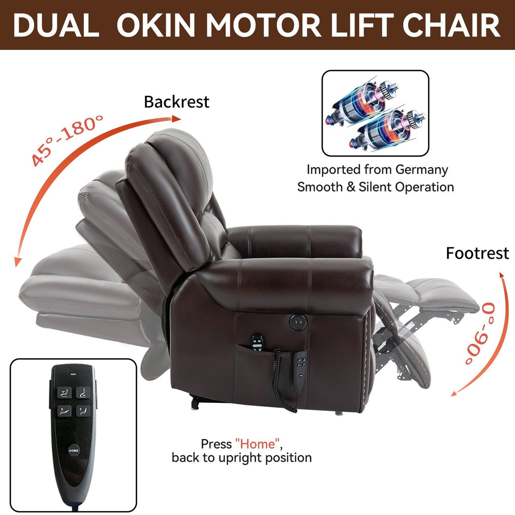 Fauteuil inclinable à double moteur, position infinie, massage thermique, mécanisme de mouvement robuste avec ports USB et poches latérales