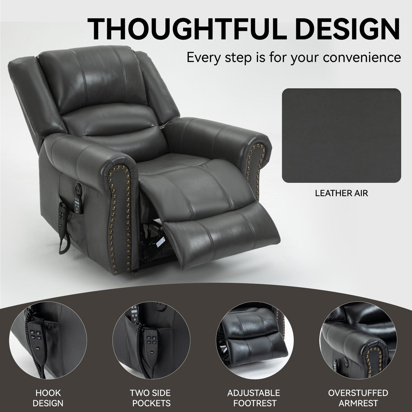 Fauteuil inclinable à double moteur, position infinie, massage thermique, mécanisme de mouvement robuste avec ports USB et poches latérales