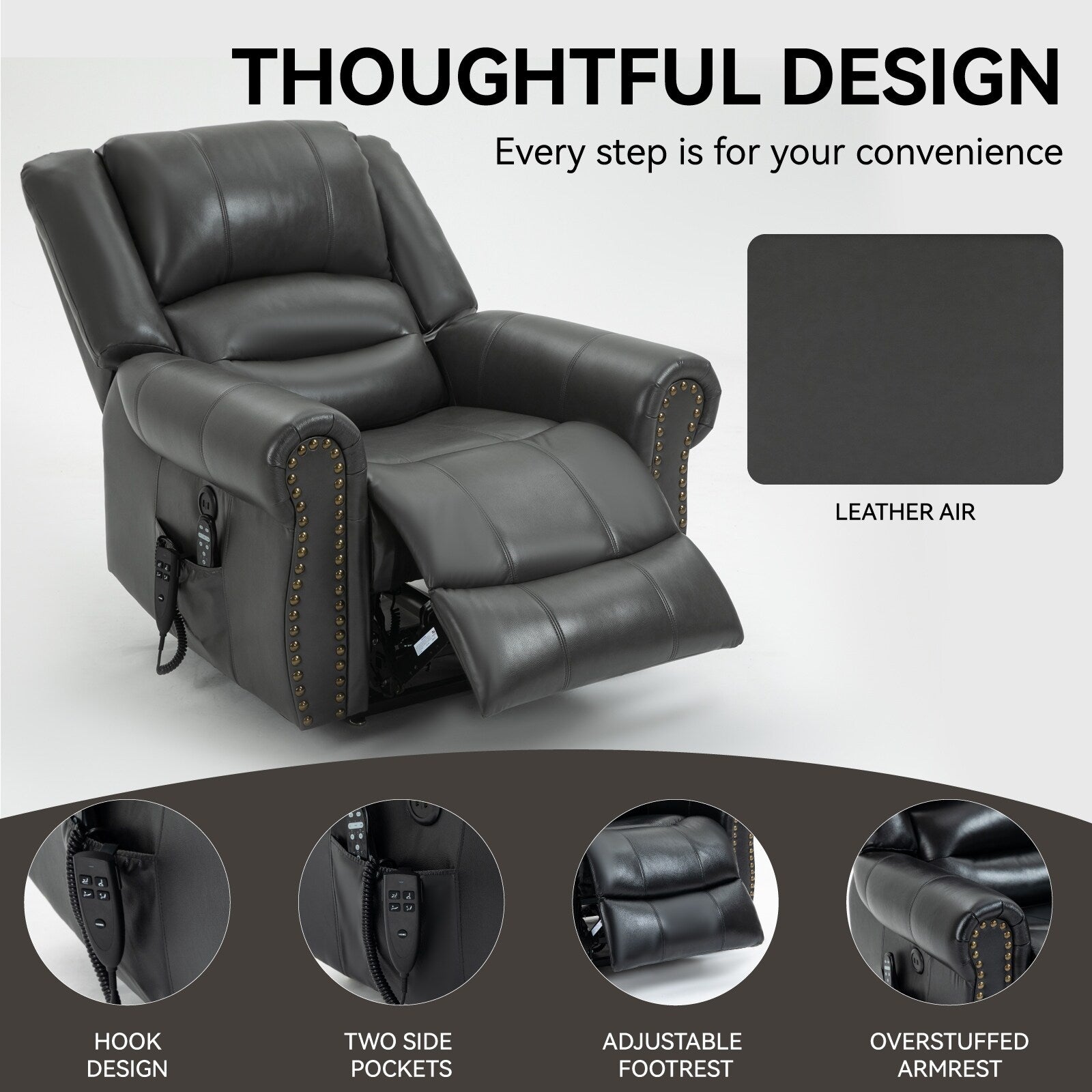Fauteuil inclinable à double moteur, position infinie, massage thermique, mécanisme de mouvement robuste avec ports USB et poches latérales