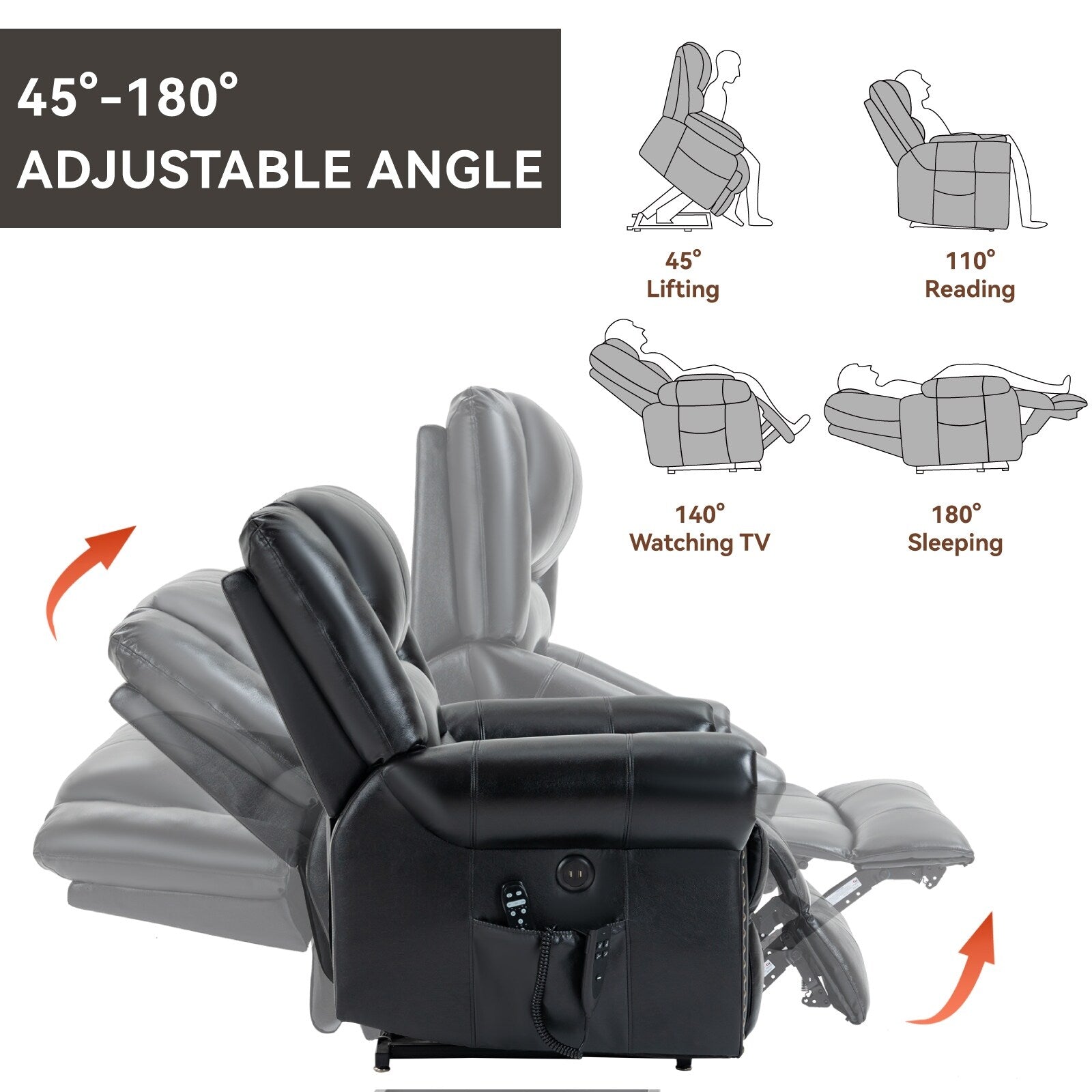 Fauteuil inclinable à double moteur, position infinie, massage thermique, mécanisme de mouvement robuste avec ports USB et poches latérales