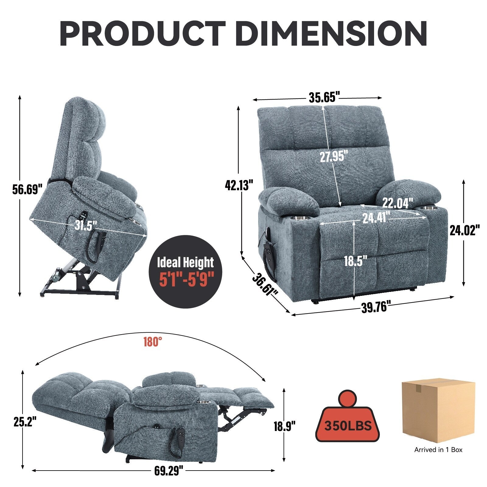 Fauteuil inclinable électrique à double moteur, position infinie, mécanisme de mouvement robuste avec massage et chauffage, deux porte-gobelets