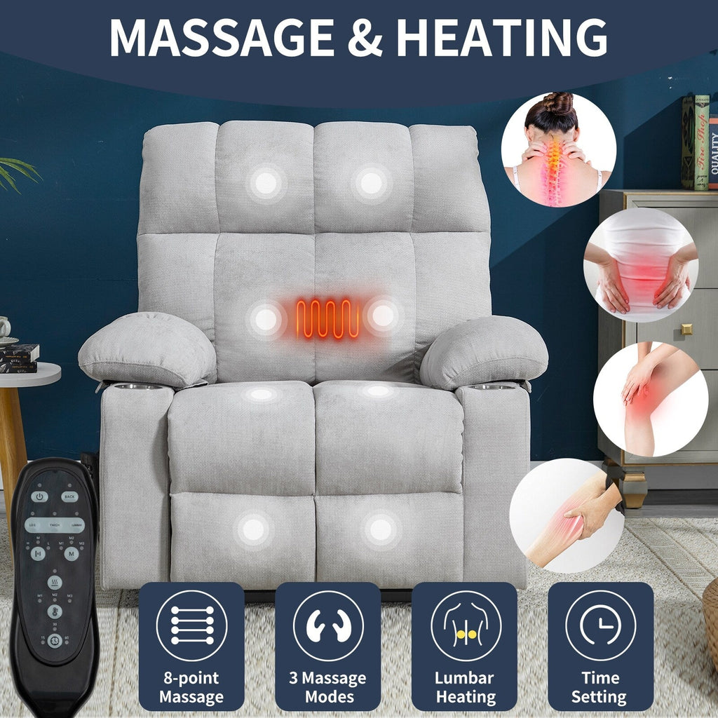 Fauteuil inclinable électrique à double moteur, position infinie, mécanisme de mouvement robuste avec massage et chauffage, deux porte-gobelets