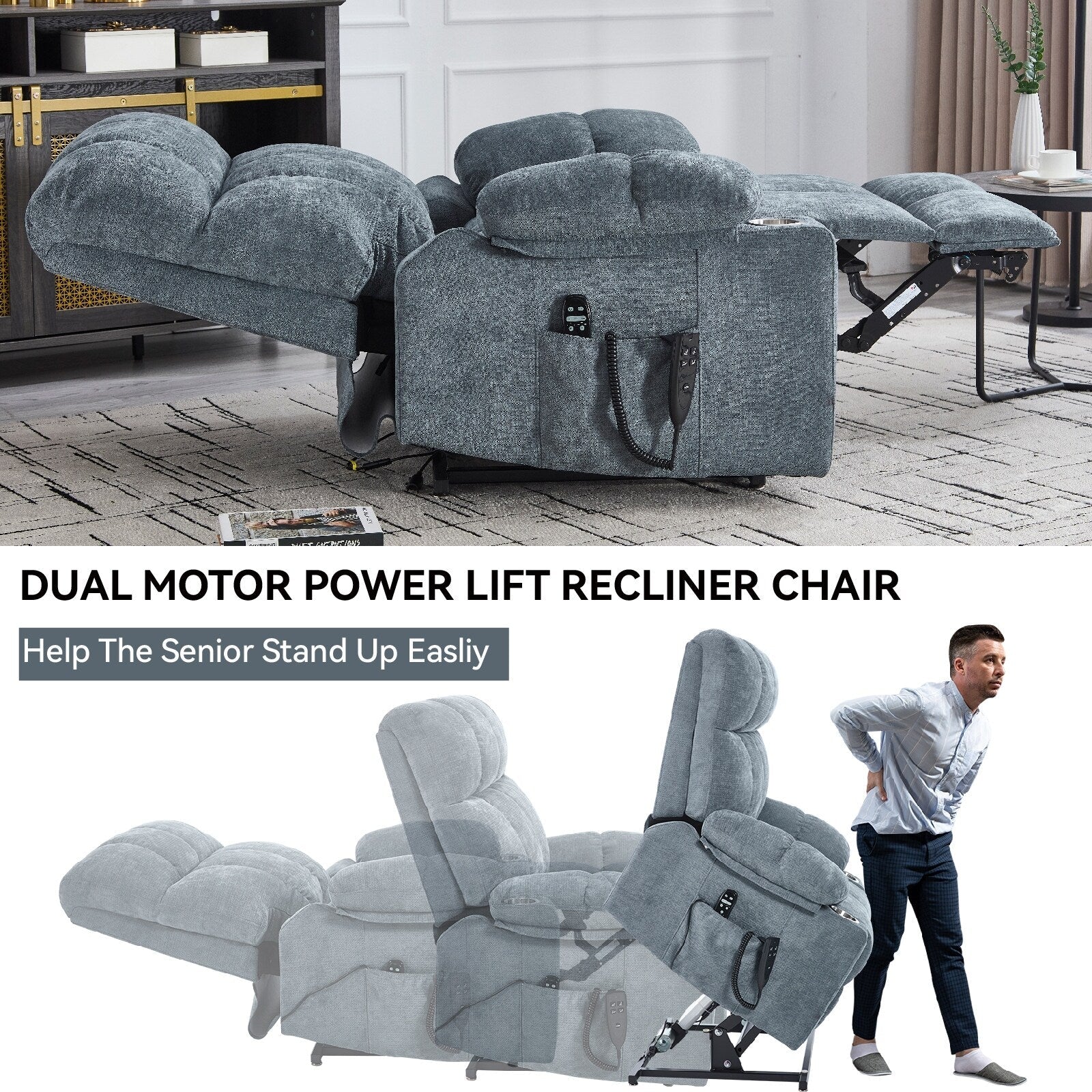 Fauteuil inclinable électrique à double moteur, position infinie, mécanisme de mouvement robuste avec massage et chauffage, deux porte-gobelets