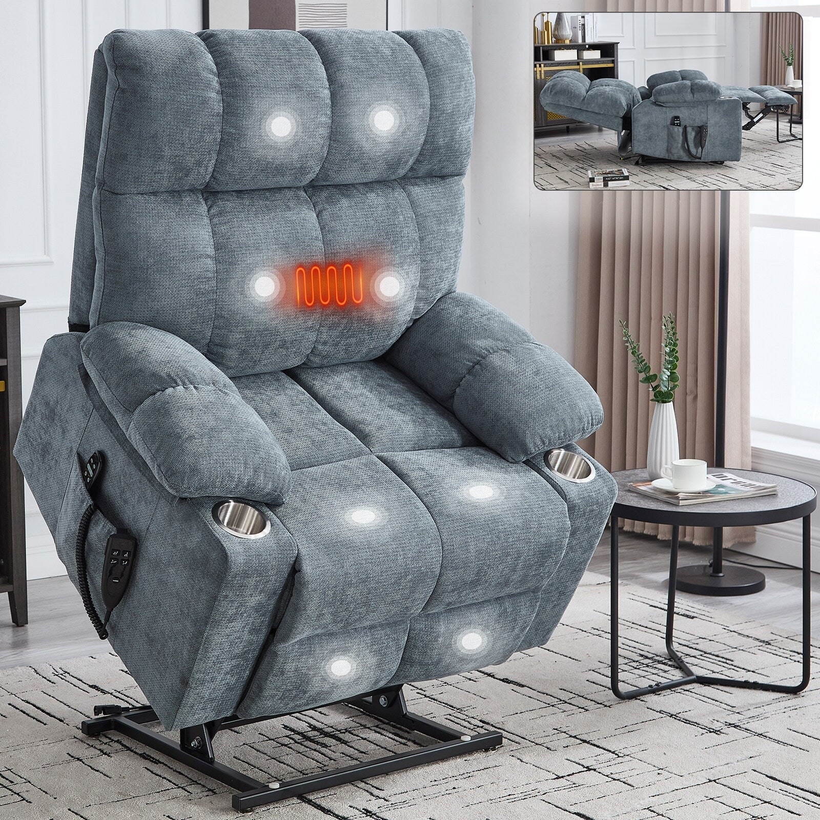 Fauteuil inclinable électrique à double moteur, position infinie, mécanisme de mouvement robuste avec massage et chauffage, deux porte-gobelets