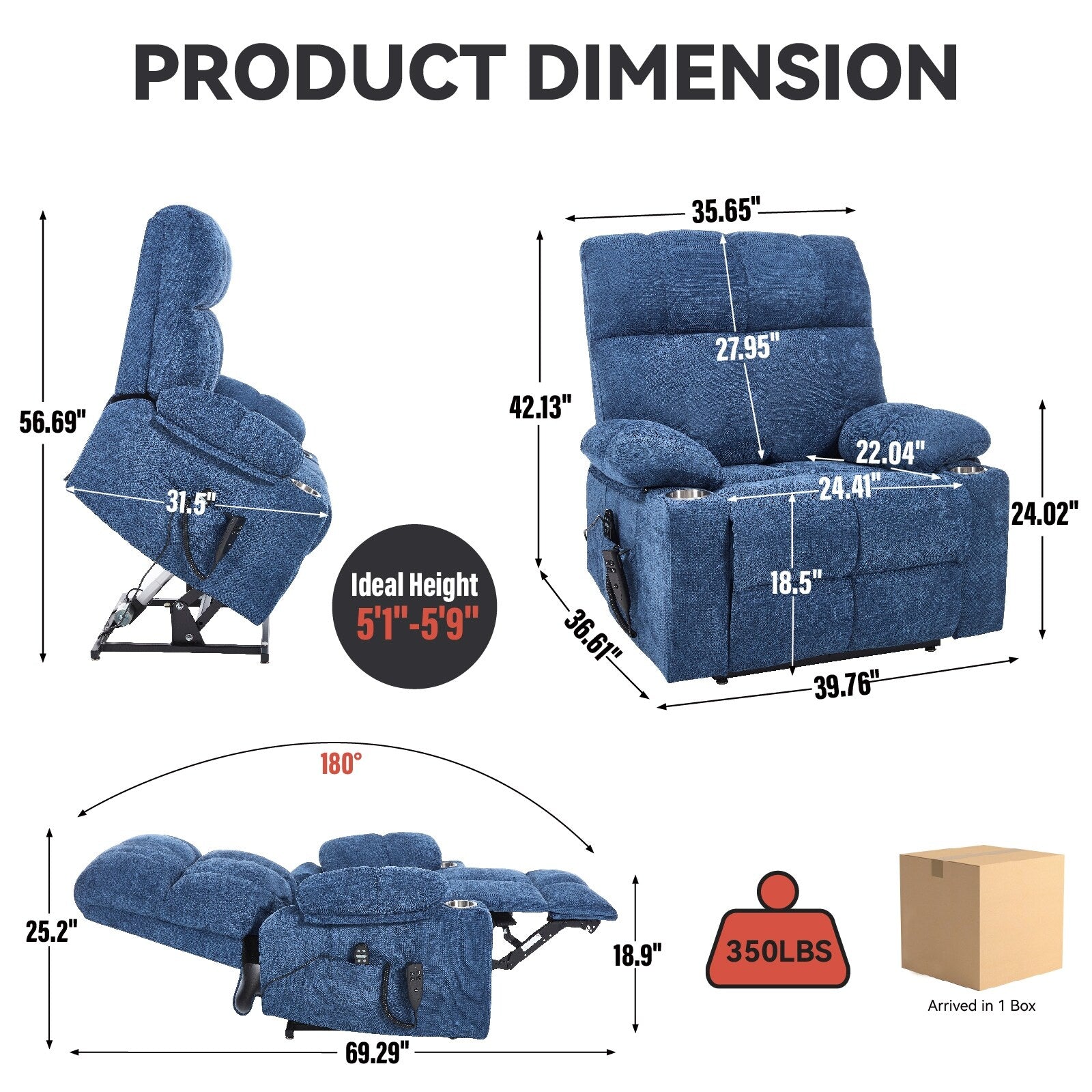 Fauteuil inclinable électrique à double moteur, position infinie, mécanisme de mouvement robuste avec massage et chauffage, deux porte-gobelets