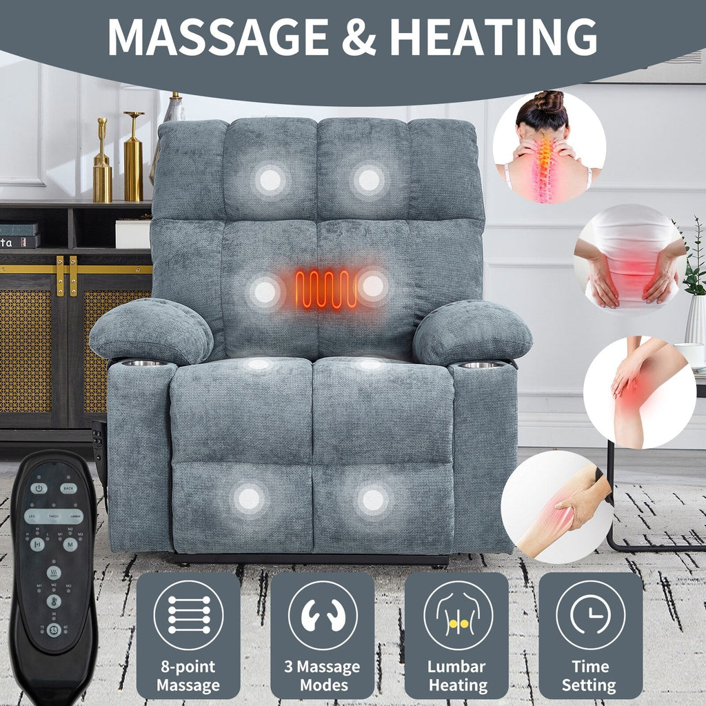Fauteuil inclinable électrique à double moteur, position infinie, mécanisme de mouvement robuste avec massage et chauffage, deux porte-gobelets